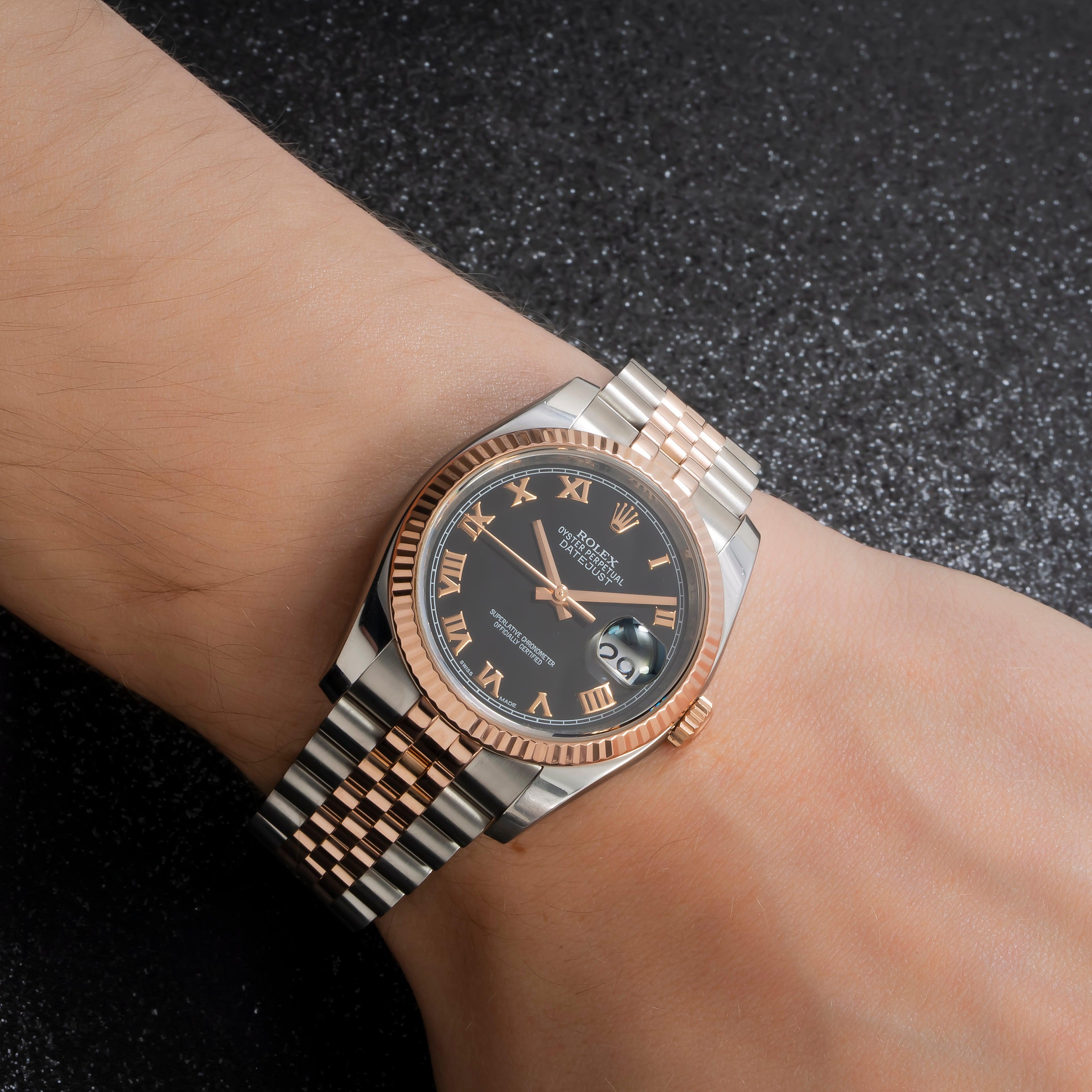 Rolex Datejust 36MM 116231 Black Roman Dial Fluted Bezel Two Tone Rose Gold Jubilee Bracelet
