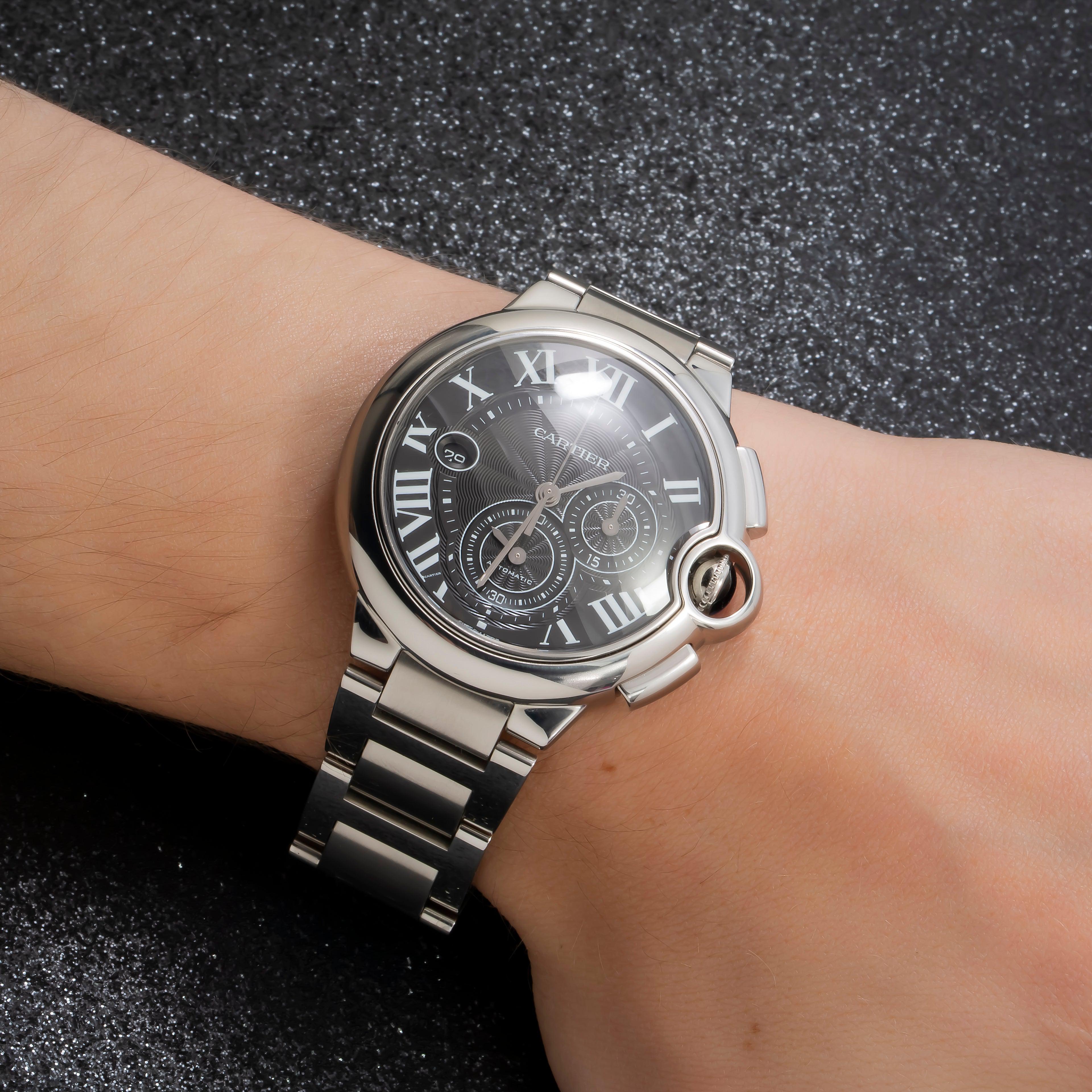 Cartier Ballon Bleu Chronograph 44MM W6920025 Black Roman Dial Stainless Steel Bracelet