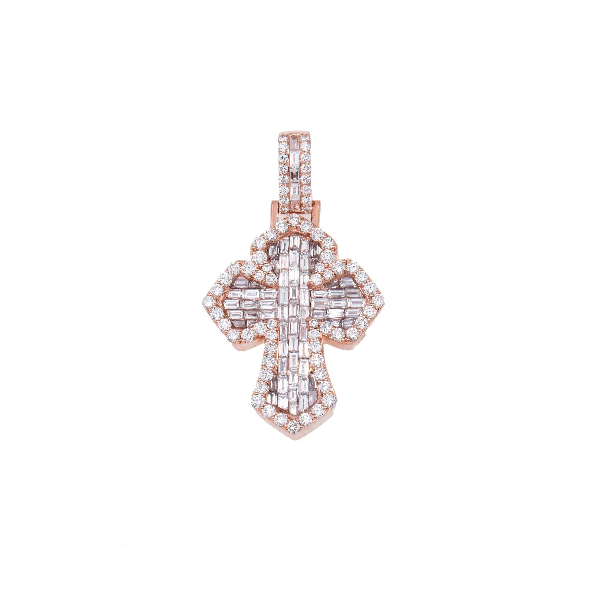 14K GOLD BAGUETTE DIAMOND INVERTED 3D FLEUR DE LIS CROSS PENDANT 3.25 CT