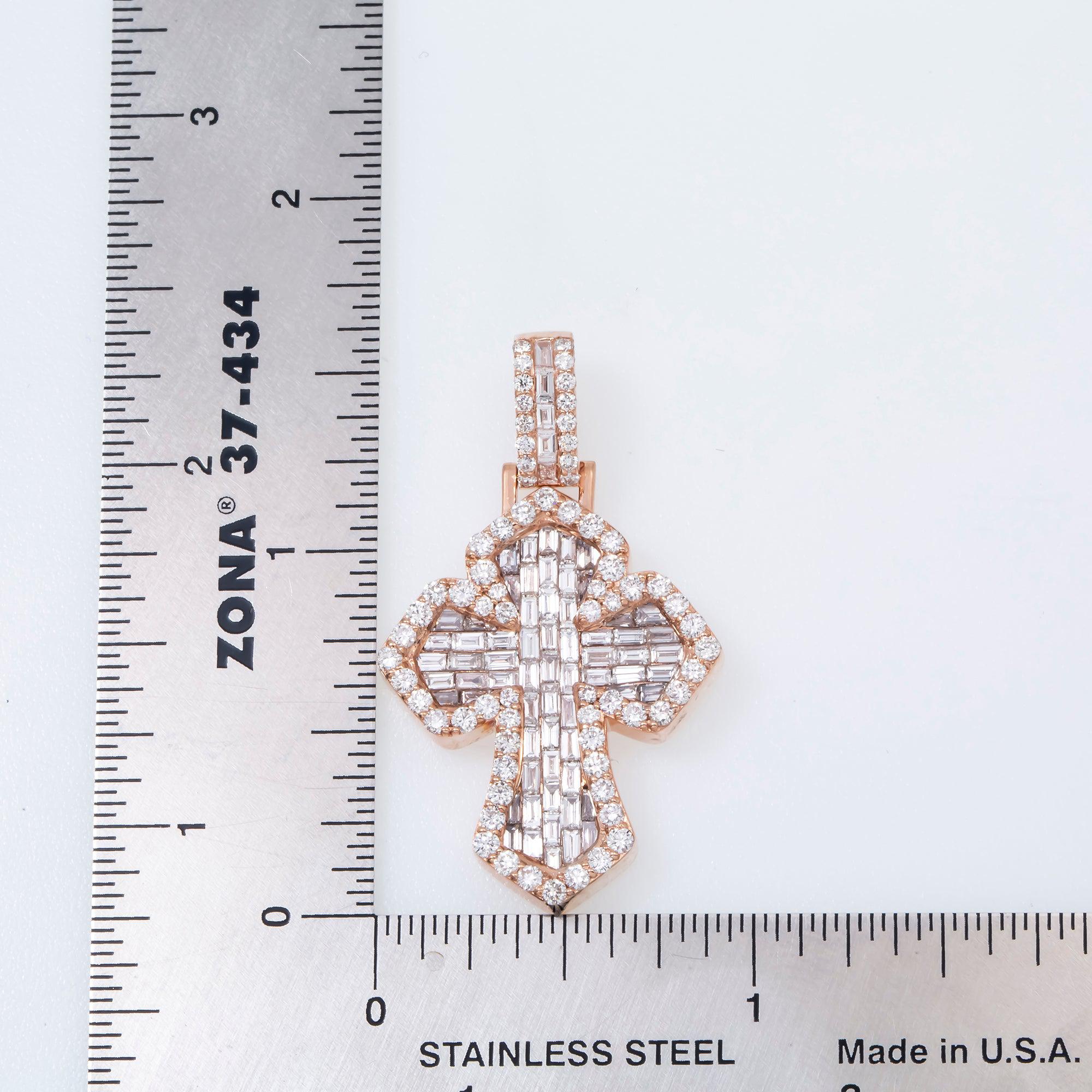 14K GOLD BAGUETTE DIAMOND INVERTED 3D FLEUR DE LIS CROSS PENDANT 3.25 CT