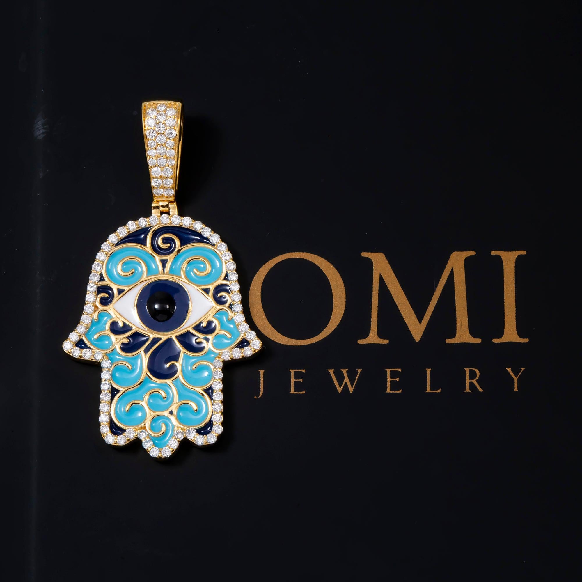 14K GOLD DIAMOND HAMSA WITH BLUE AND TURQUOISE PENDANT 0.65 CT