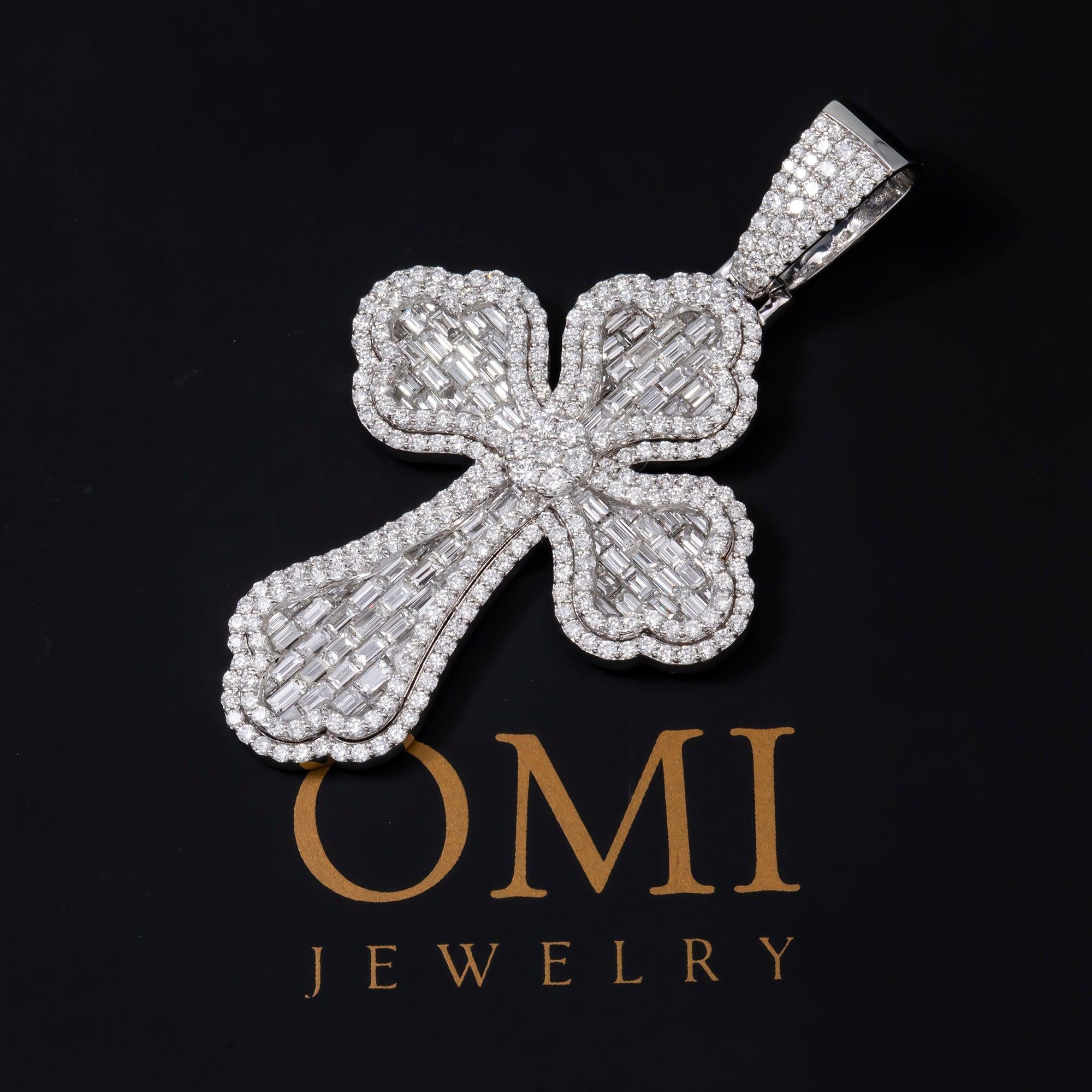 14K GOLD BAGUETTE DIAMOND INVERTED 3D FLEUR DE LIS CROSS PENDANT 5.20 CT