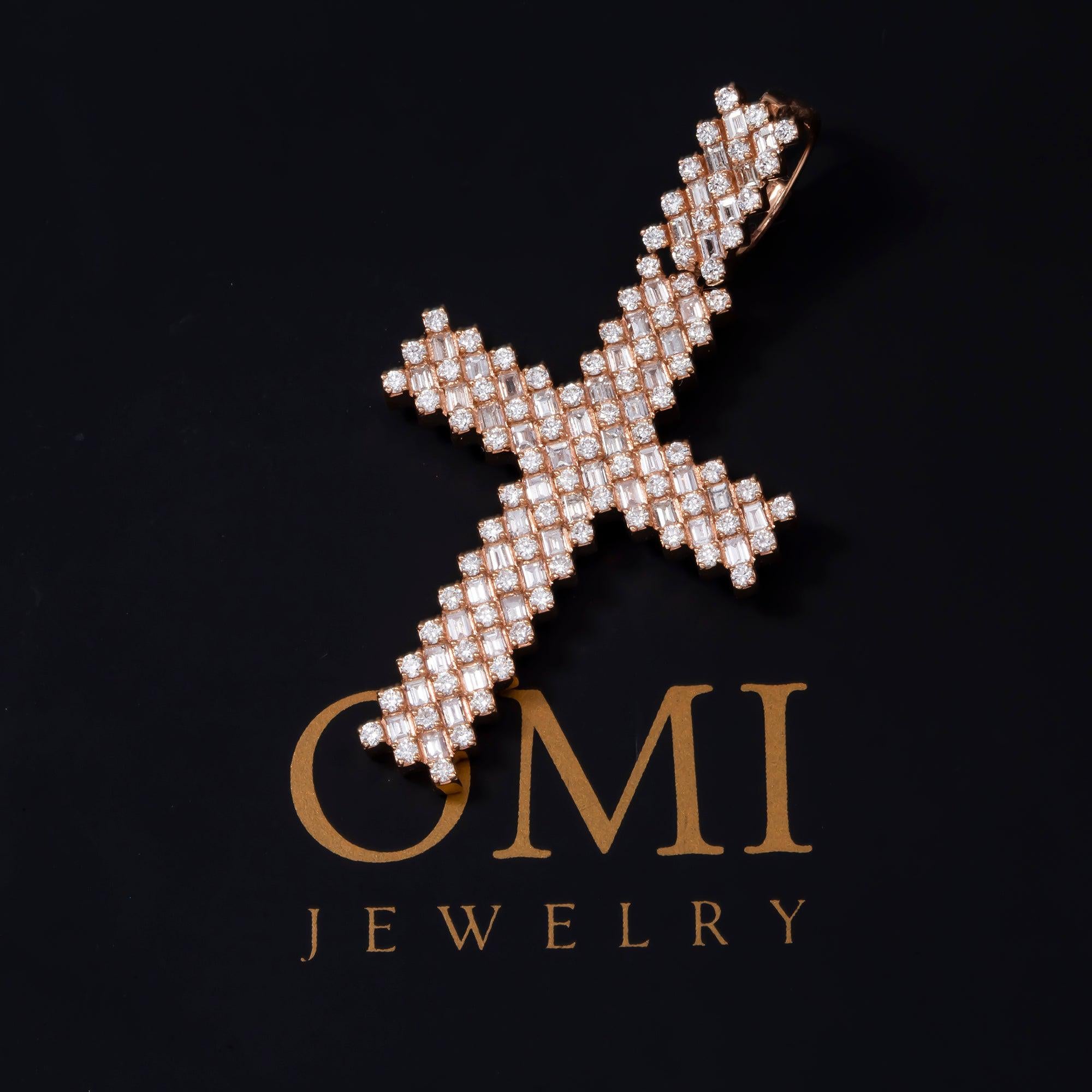 14K GOLD BAGUETTE DIAMOND CROSS PENDANT 2.85 CT