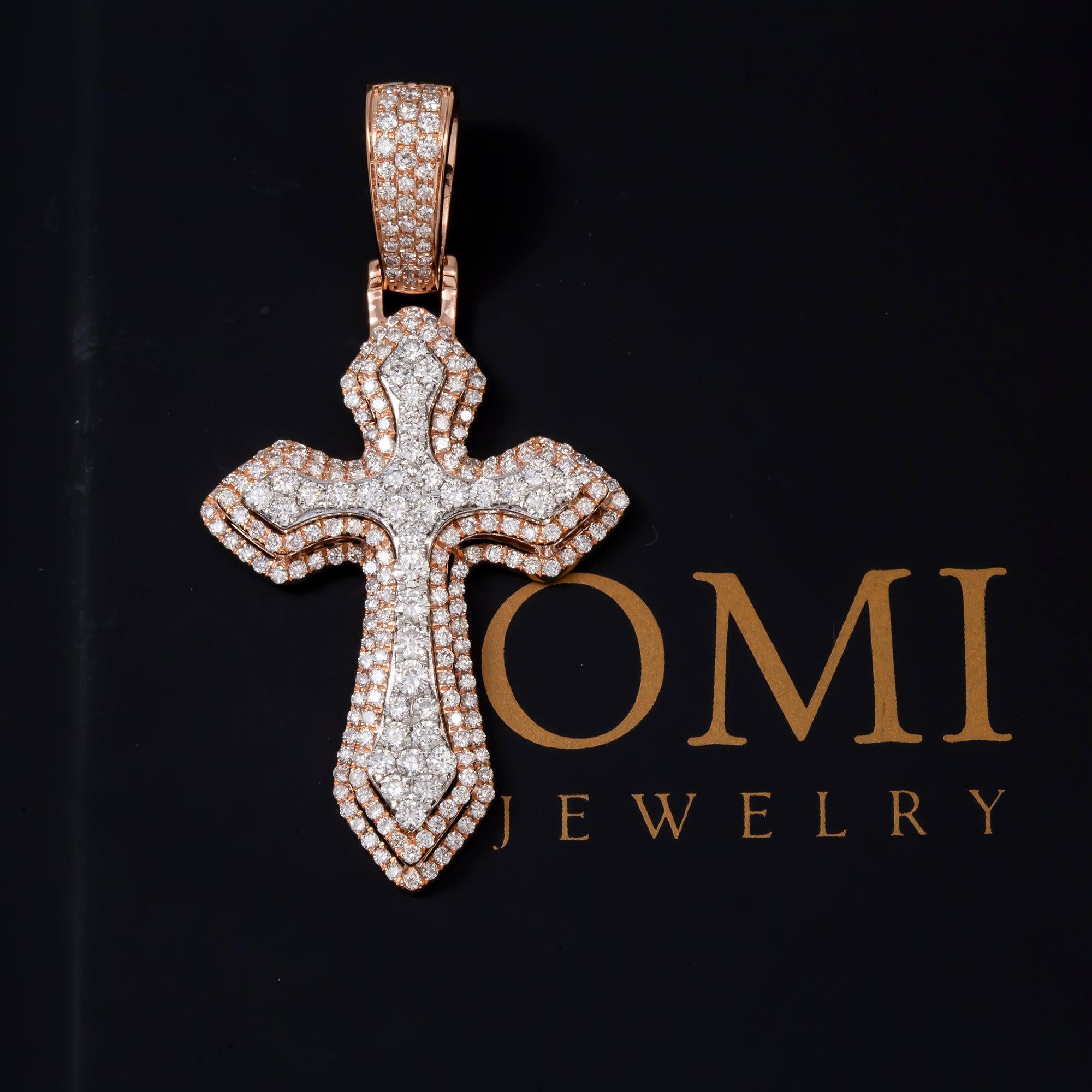 14K GOLD DIAMOND TWO TONE 3D POINTED CROSS PENDANT 2.10 CT
