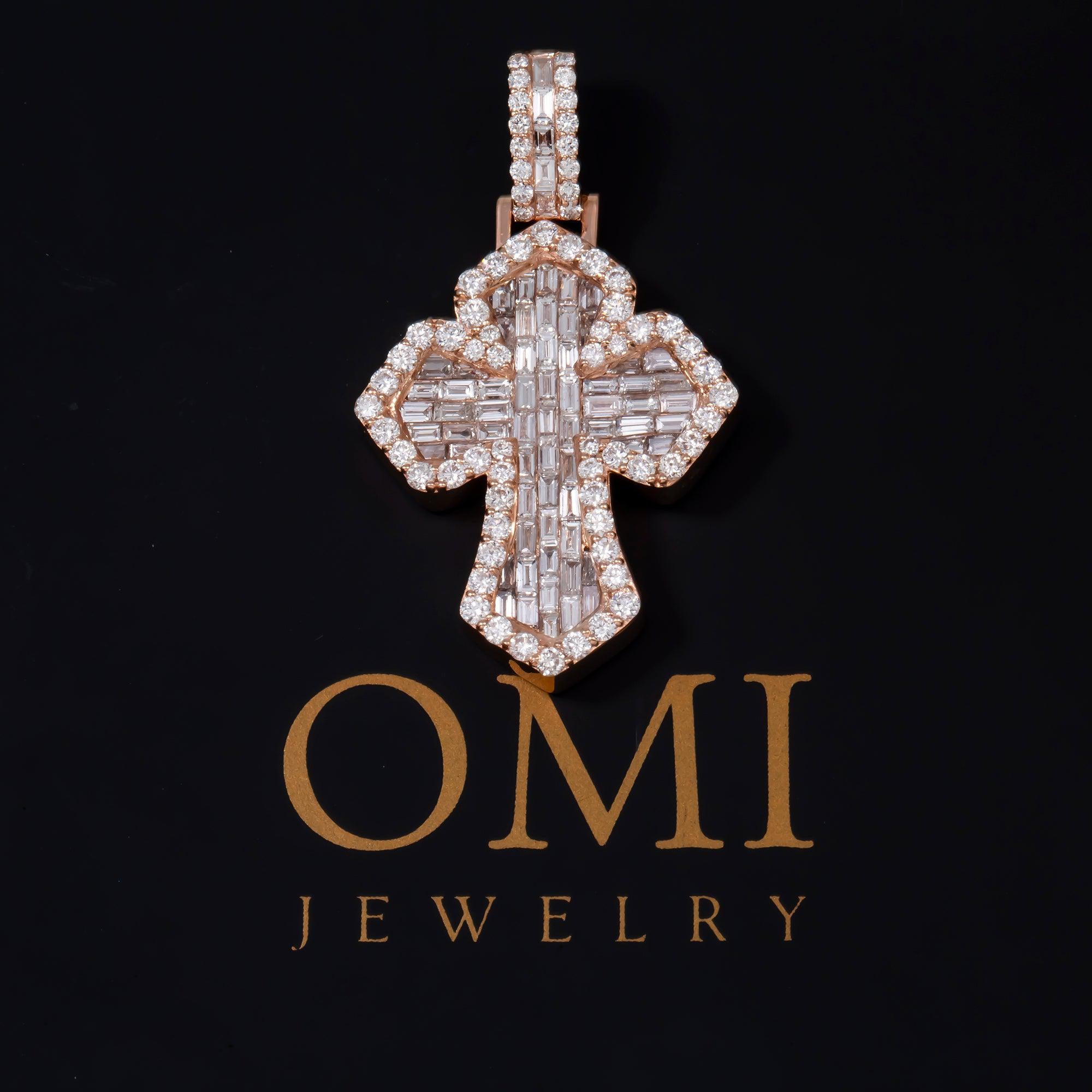 14K GOLD BAGUETTE DIAMOND INVERTED 3D FLEUR DE LIS CROSS PENDANT 3.25 CT