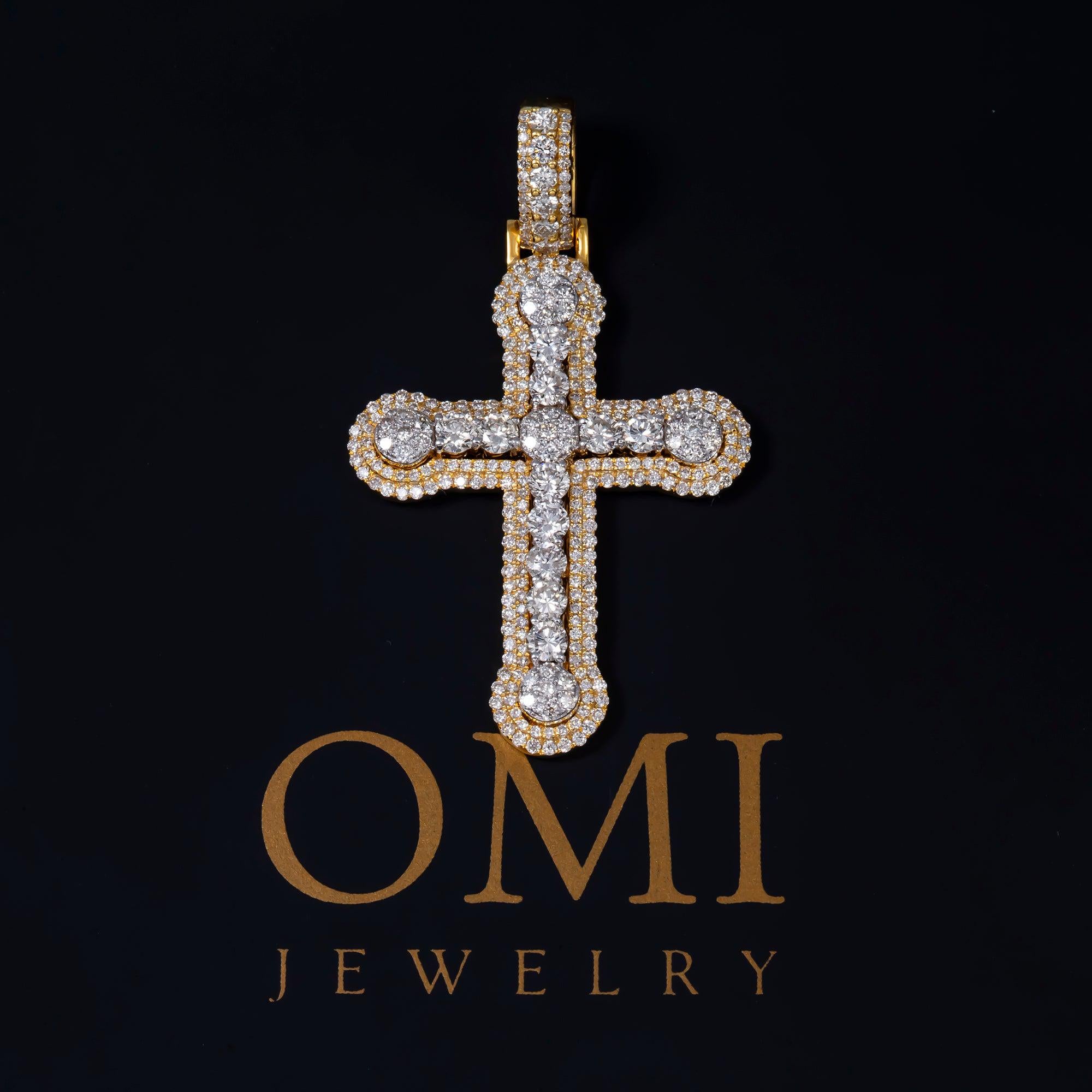 14K GOLD ROUND DIAMOND CLUSTER CROSS PENDANT 1.85 CT
