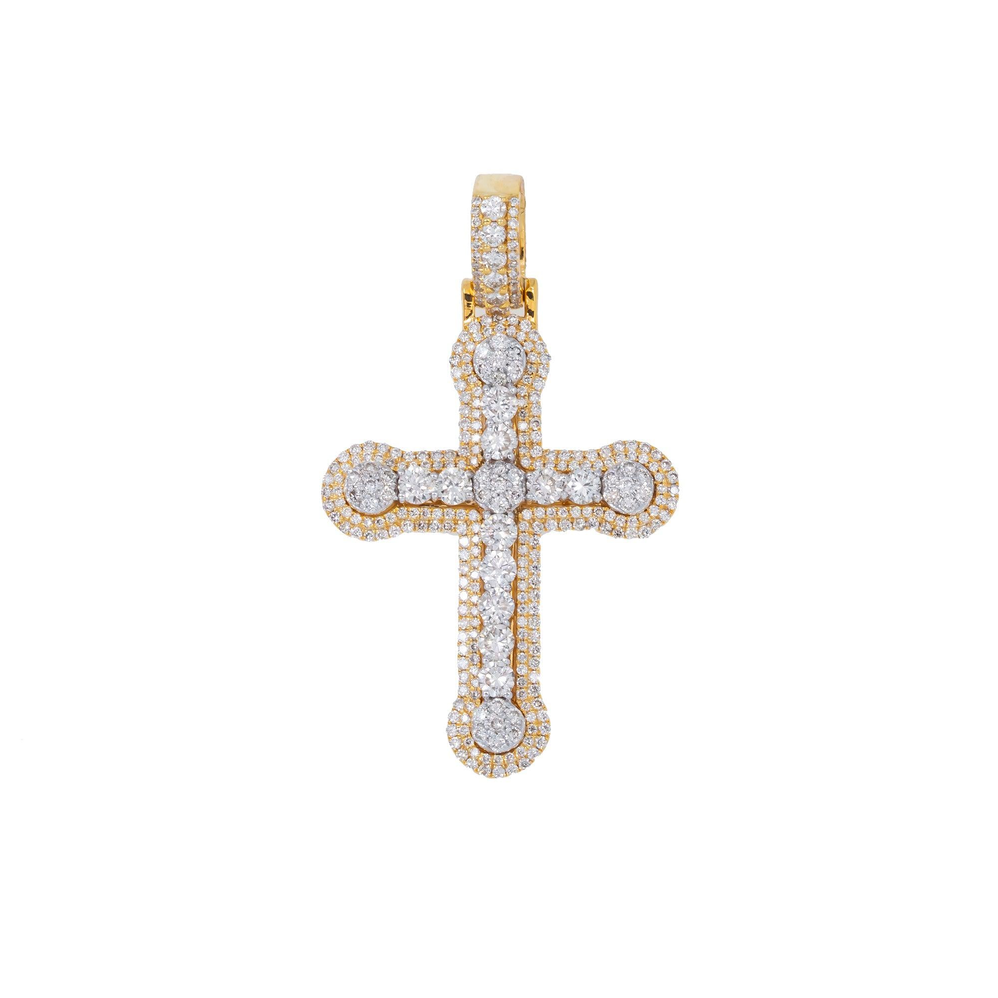 14K GOLD ROUND DIAMOND CLUSTER CROSS PENDANT 1.85 CT