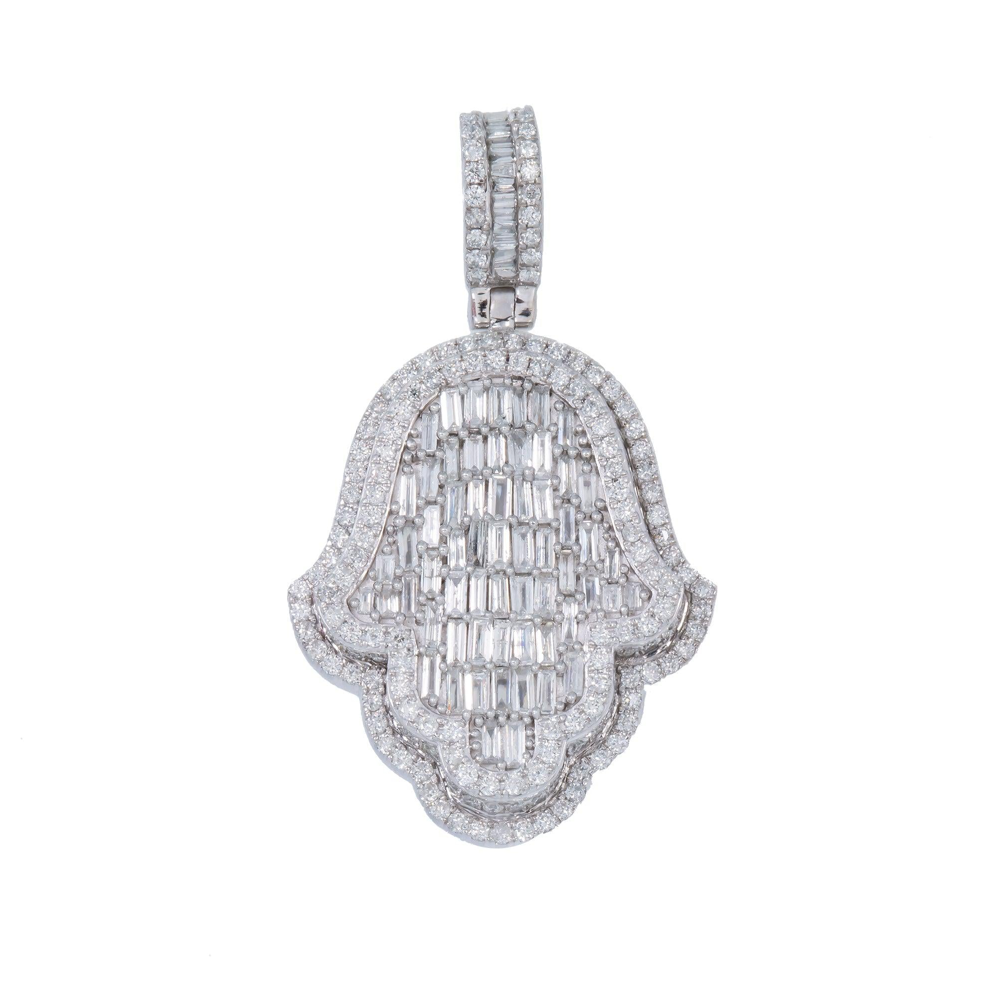 14K GOLD BAGUETTE DIAMOND 3D HAMSA PENDANT 2.75 CT