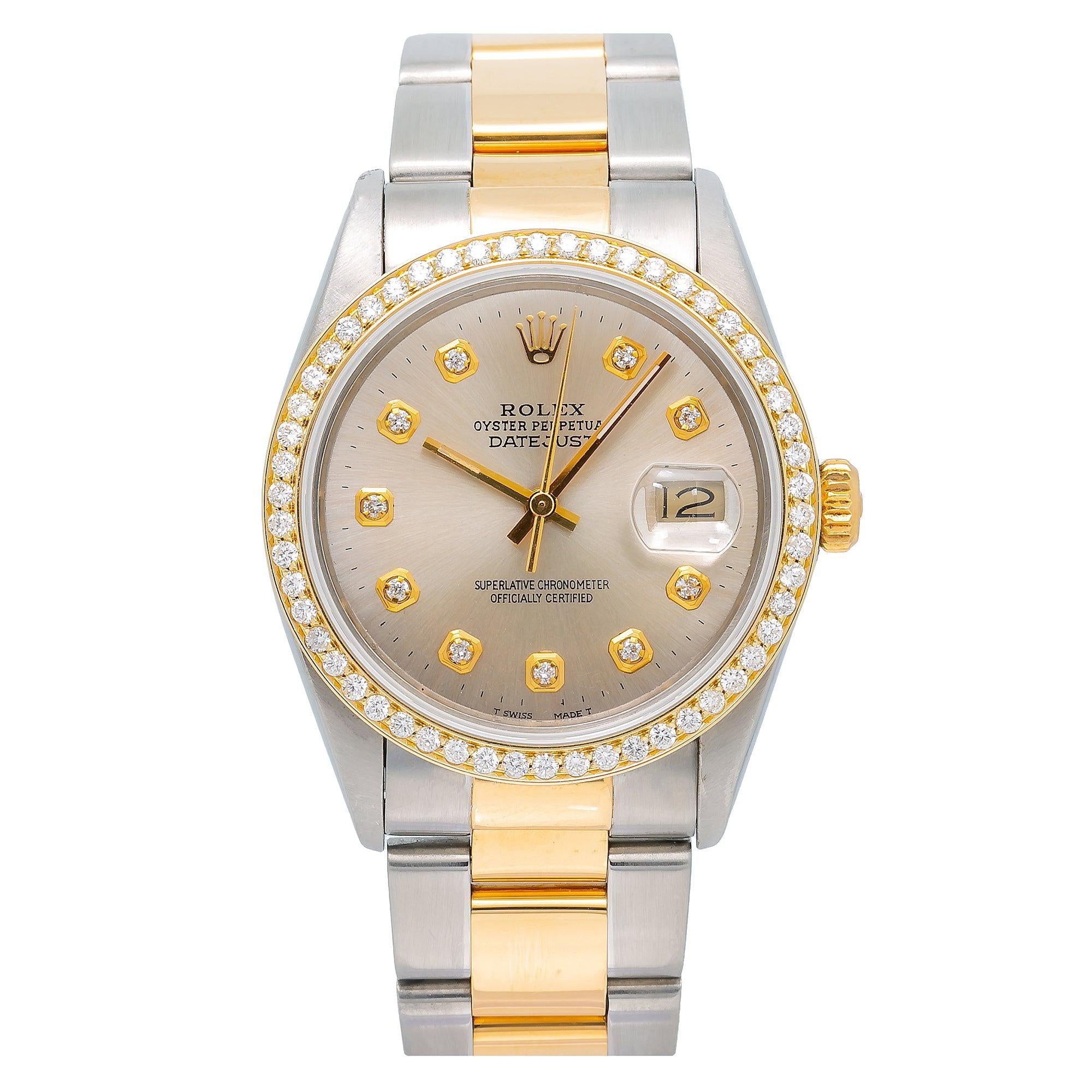 Rolex Datejust 36MM 16013 Silver Diamond Dial Diamond Bezel Two Tone Yellow Gold Oyster Bracelet