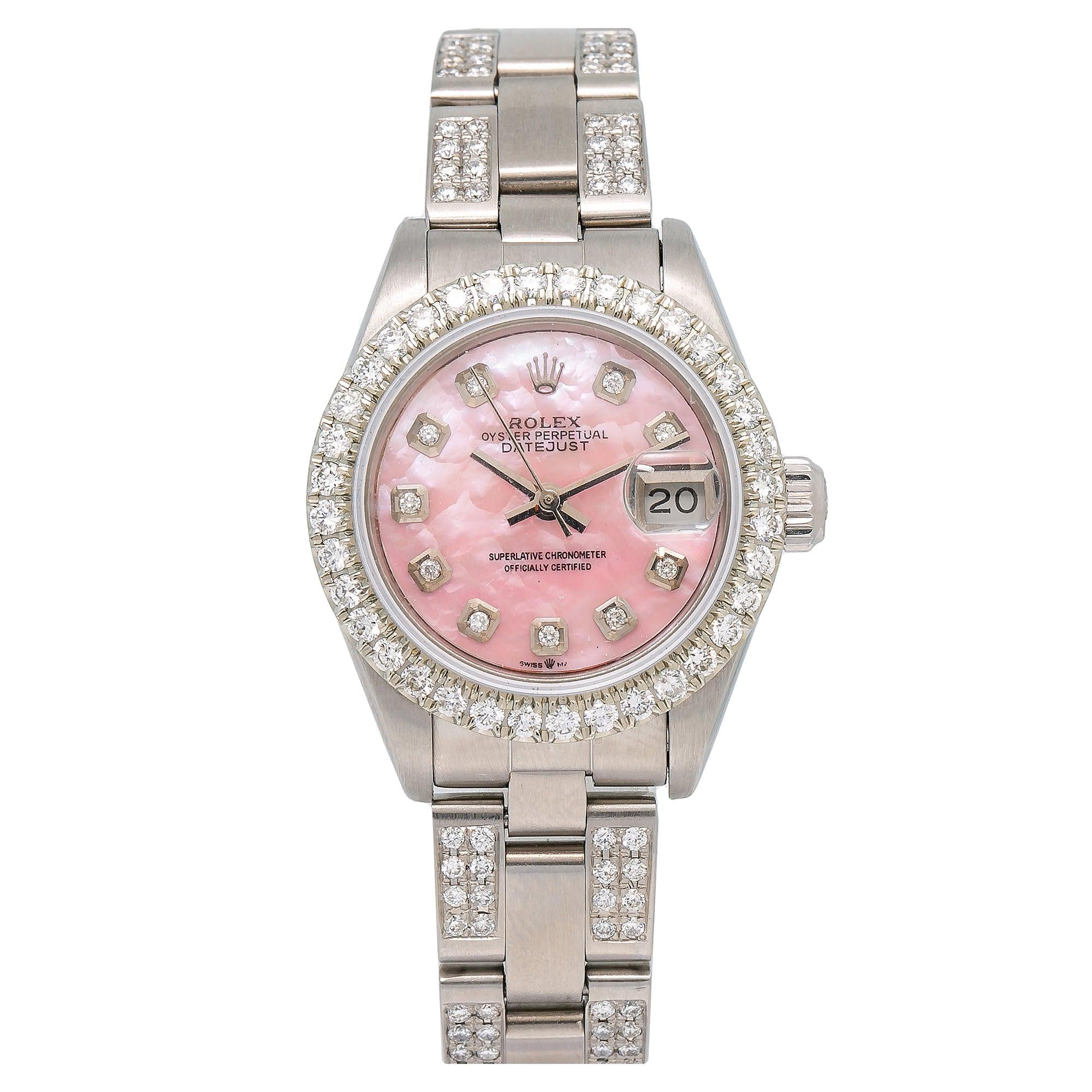 Rolex Datejust 26MM 69160 Pink Mother of Pearl Diamond Dial Diamond Bezel Stainless Steel Semi Diamond Oyster Bracelet