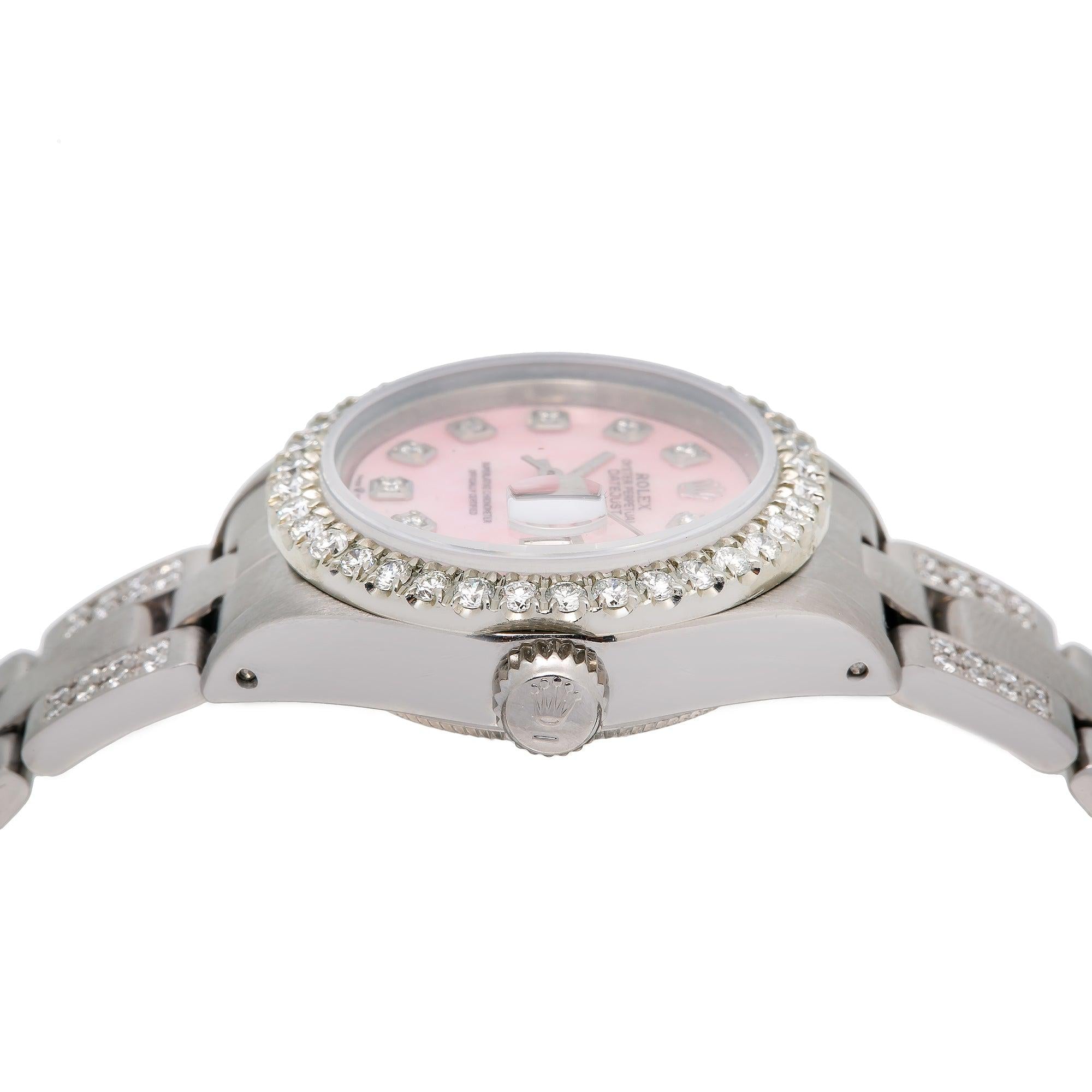 Rolex Datejust 26MM 69160 Pink Mother of Pearl Diamond Dial Diamond Bezel Stainless Steel Semi Diamond Oyster Bracelet
