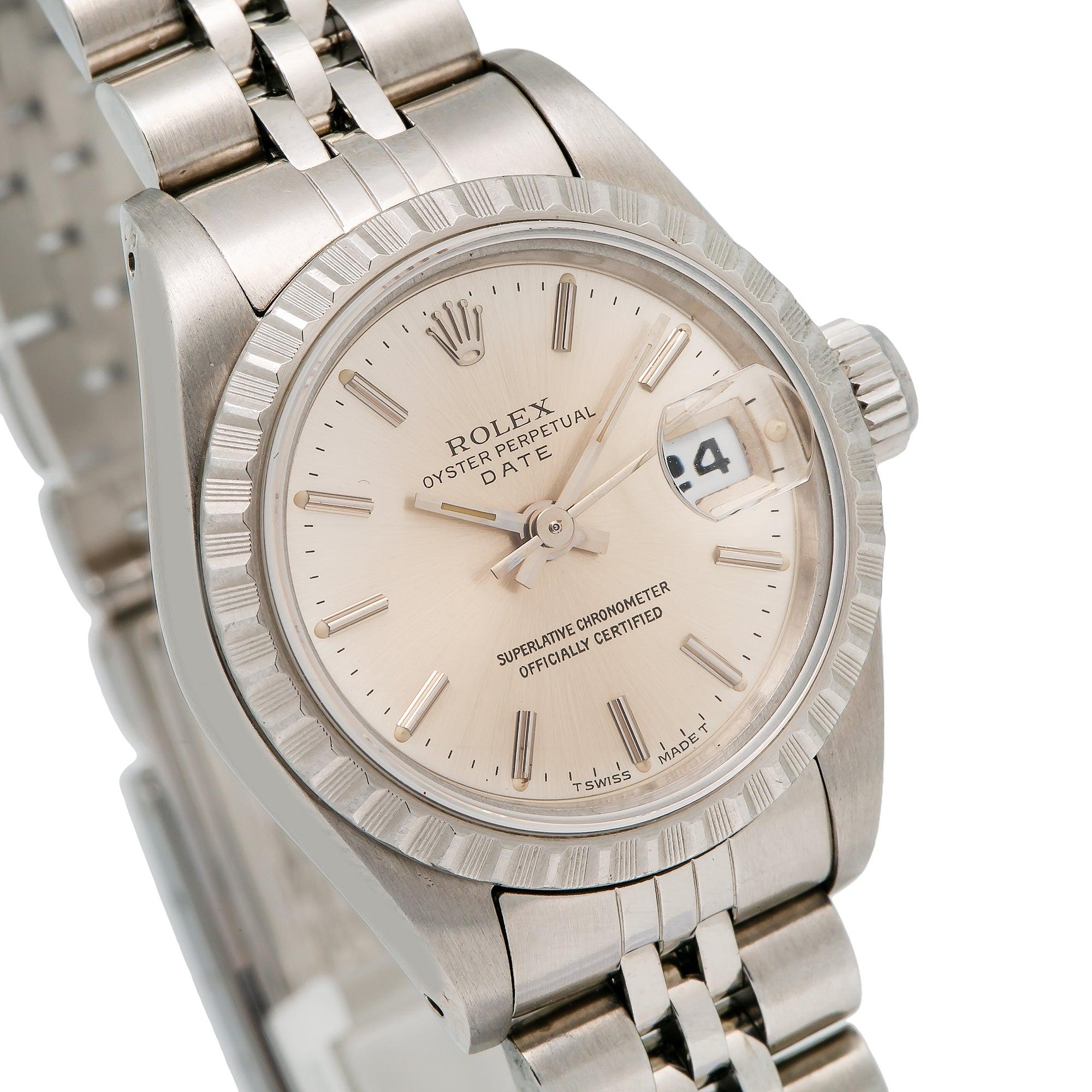 Rolex Date 26MM 69240 Silver Dial Engine Turned Bezel Stainless Steel Jubilee Bracelet