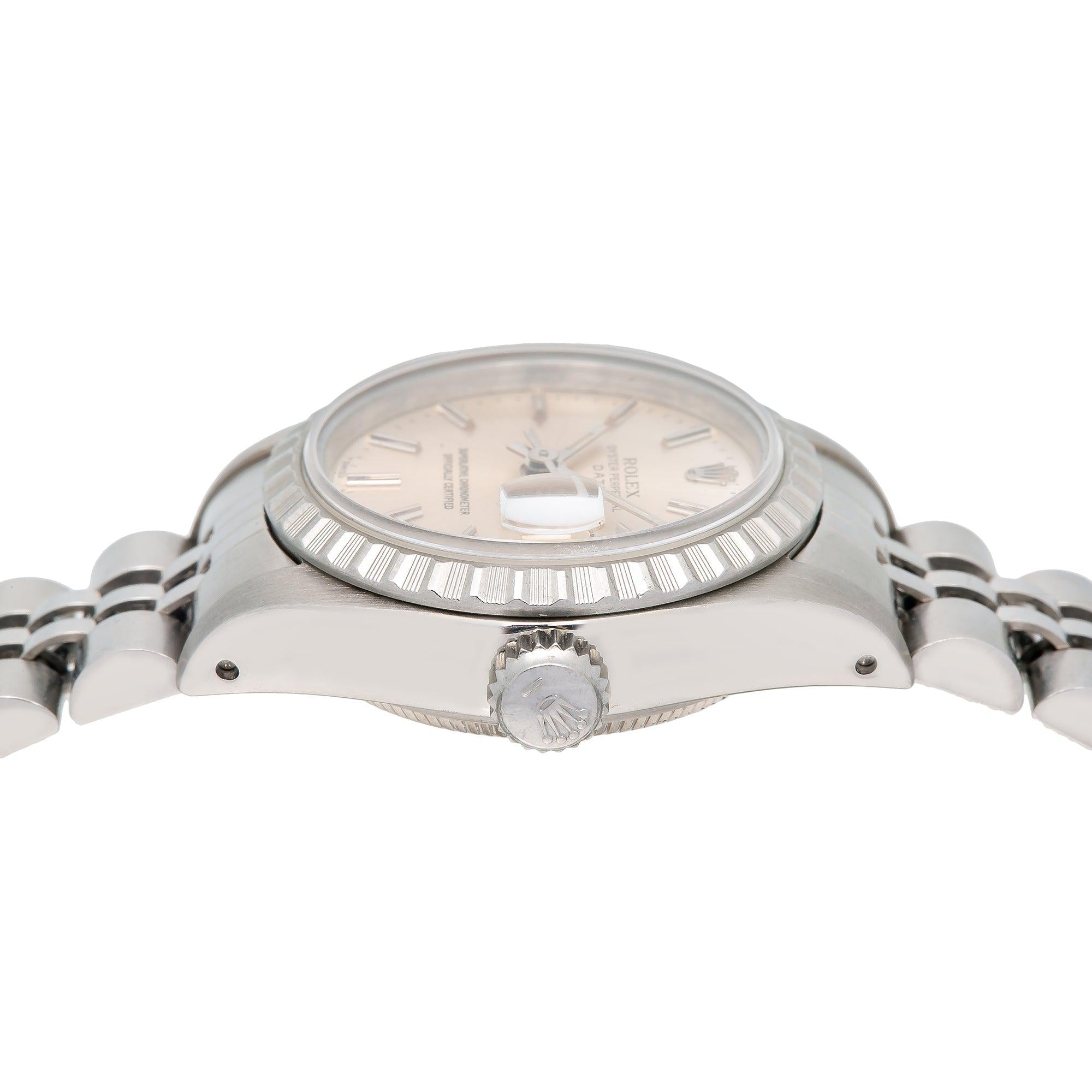 Rolex Date 26MM 69240 Silver Dial Engine Turned Bezel Stainless Steel Jubilee Bracelet