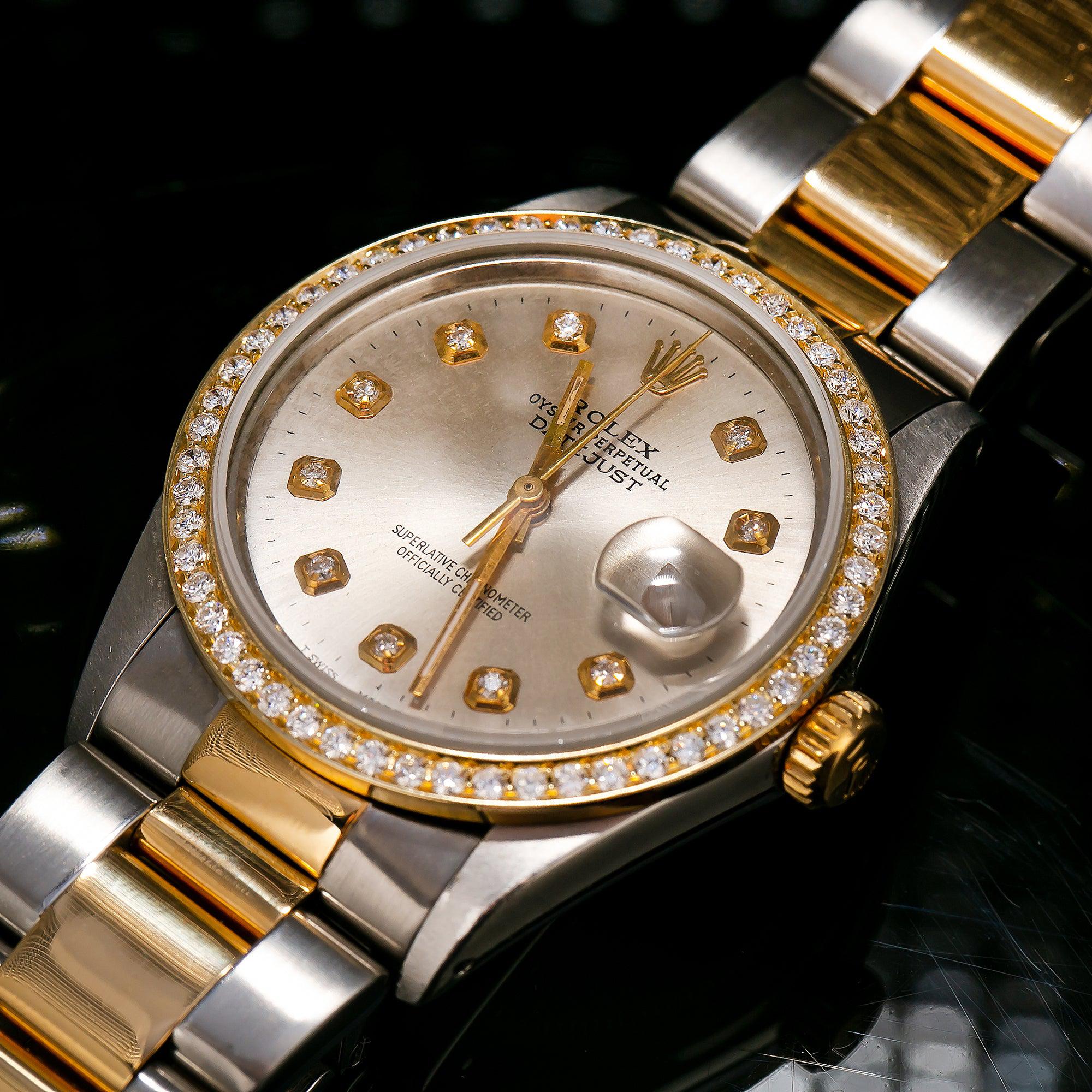 Rolex Datejust 36MM 16013 Silver Diamond Dial Diamond Bezel Two Tone Yellow Gold Oyster Bracelet