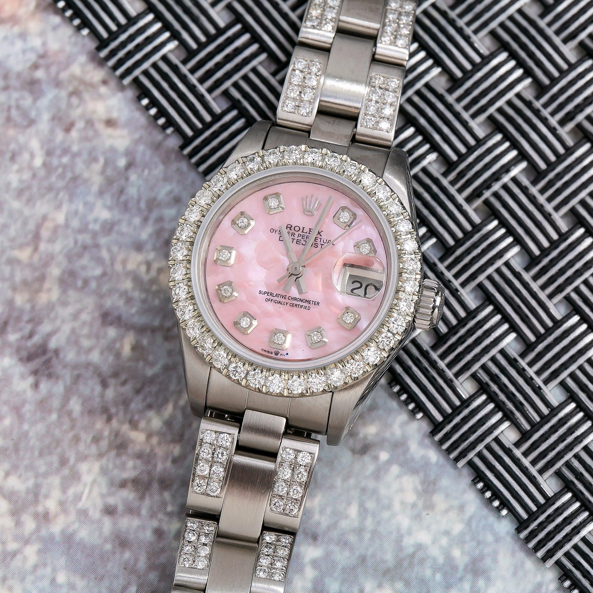 Rolex Datejust 26MM 69160 Pink Mother of Pearl Diamond Dial Diamond Bezel Stainless Steel Semi Diamond Oyster Bracelet