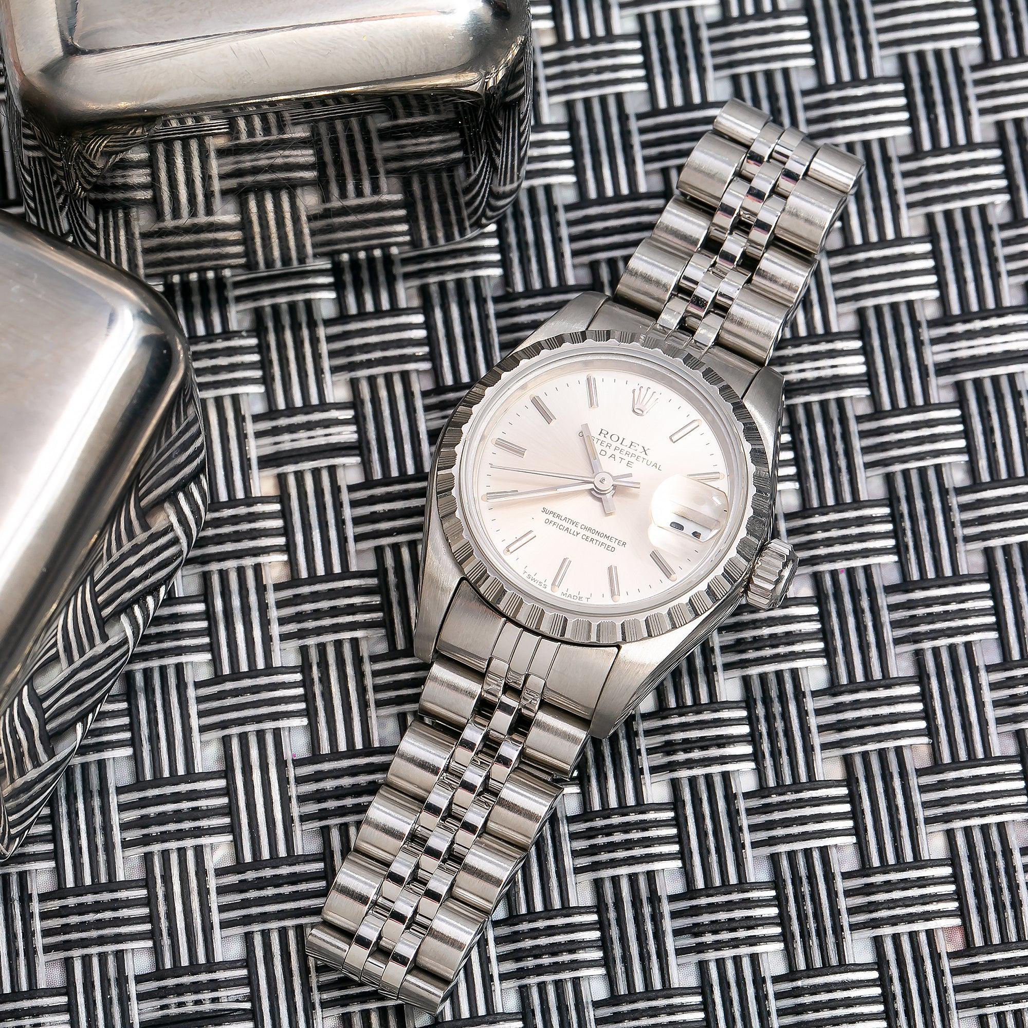 Rolex Date 26MM 69240 Silver Dial Engine Turned Bezel Stainless Steel Jubilee Bracelet