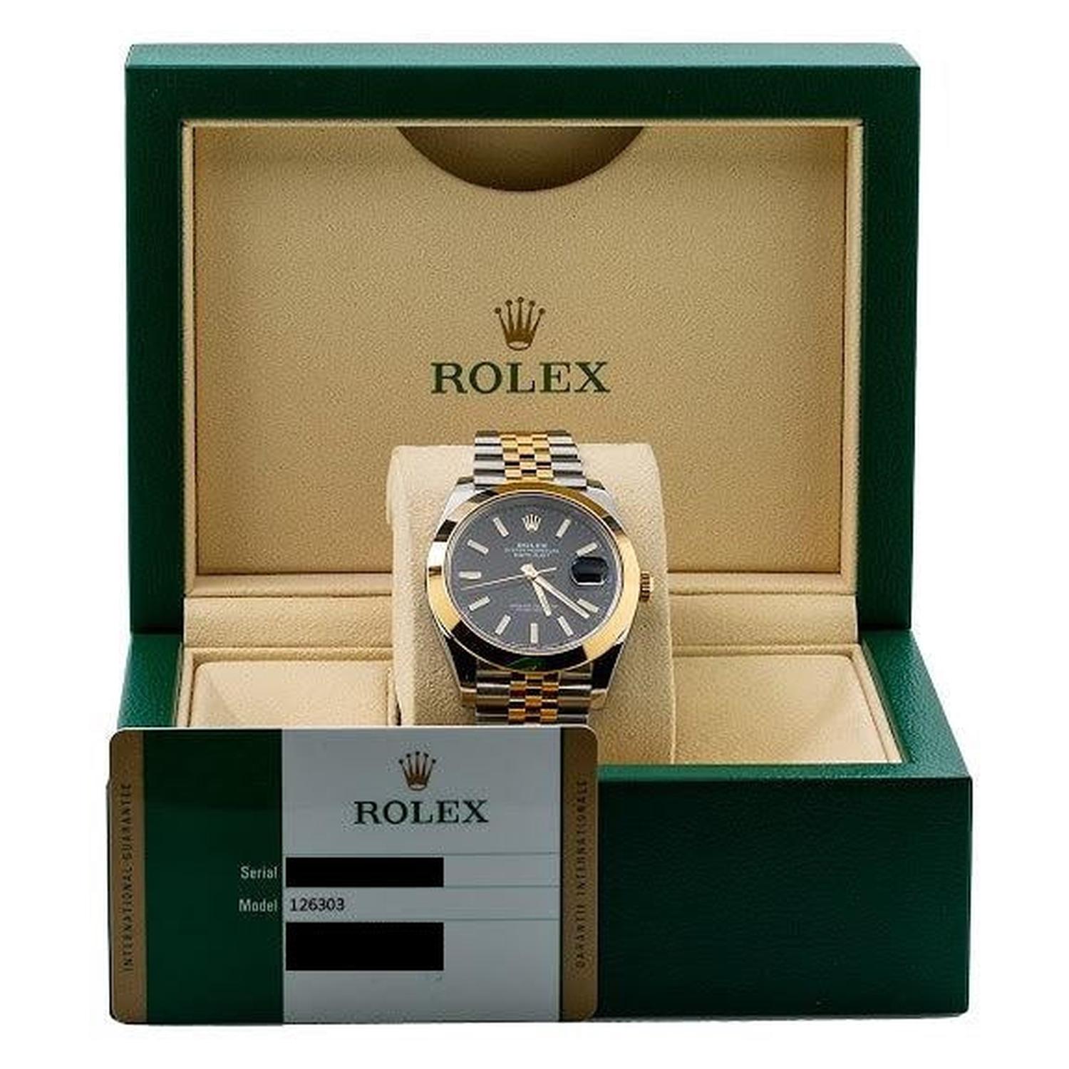 Rolex Datejust 41MM 126303 Black Dial Smooth Bezel Two Tone Yellow Gold Jubilee Bracelet
