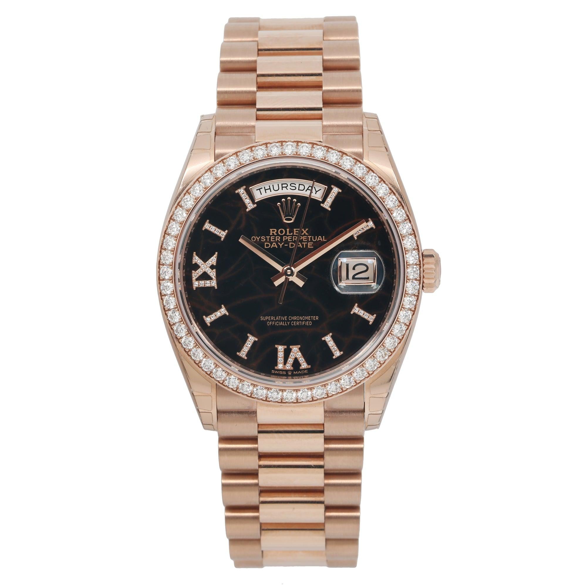 Rolex Day-Date 36MM 128345 Black Marble Roman Dial Diamond Bezel 18K Rose Gold President Bracelet