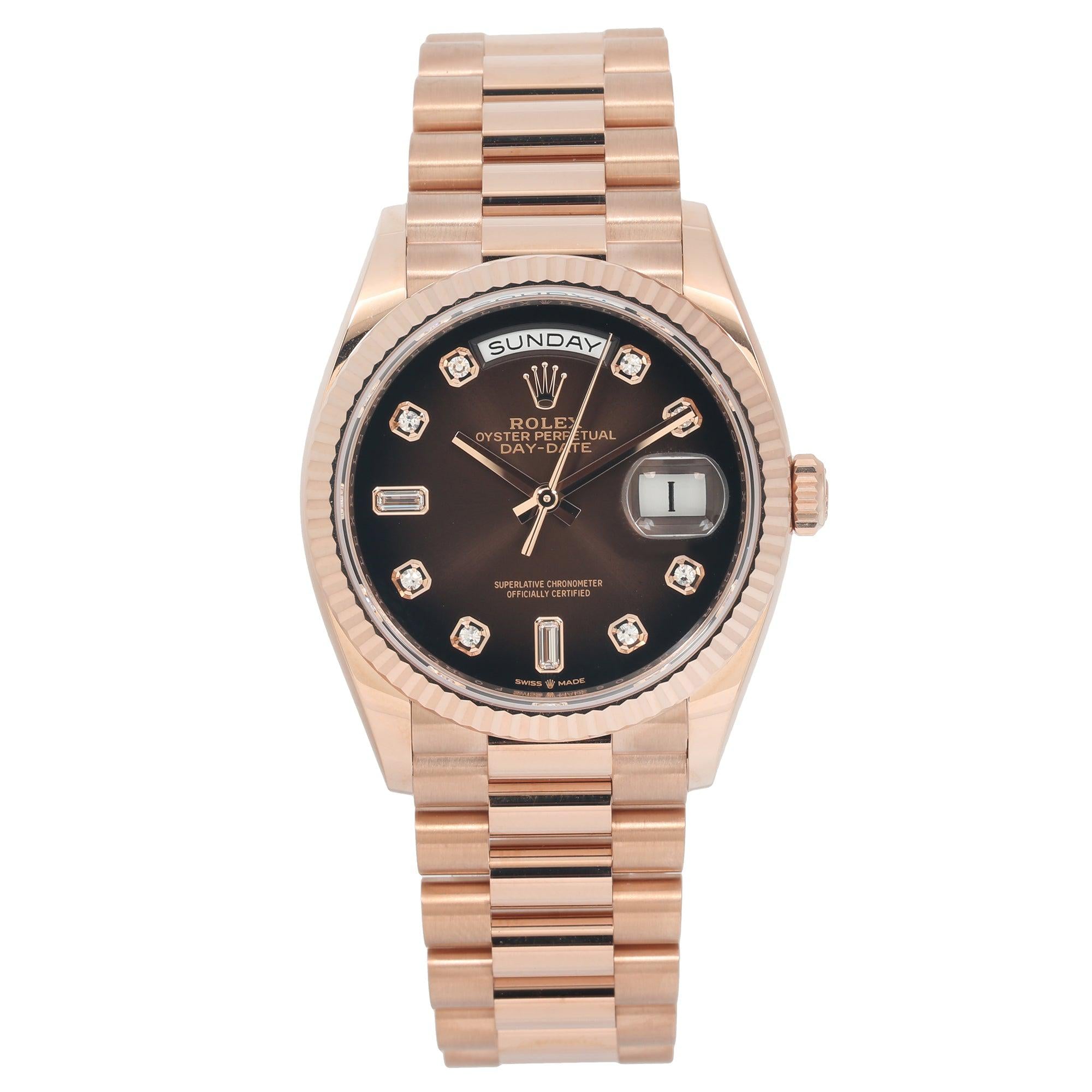 Rolex Day-Date 36MM 128235CHDP Chocolate Diamond Dial Rose Gold Fluted Bezel 18K Rose Gold President Bracelet