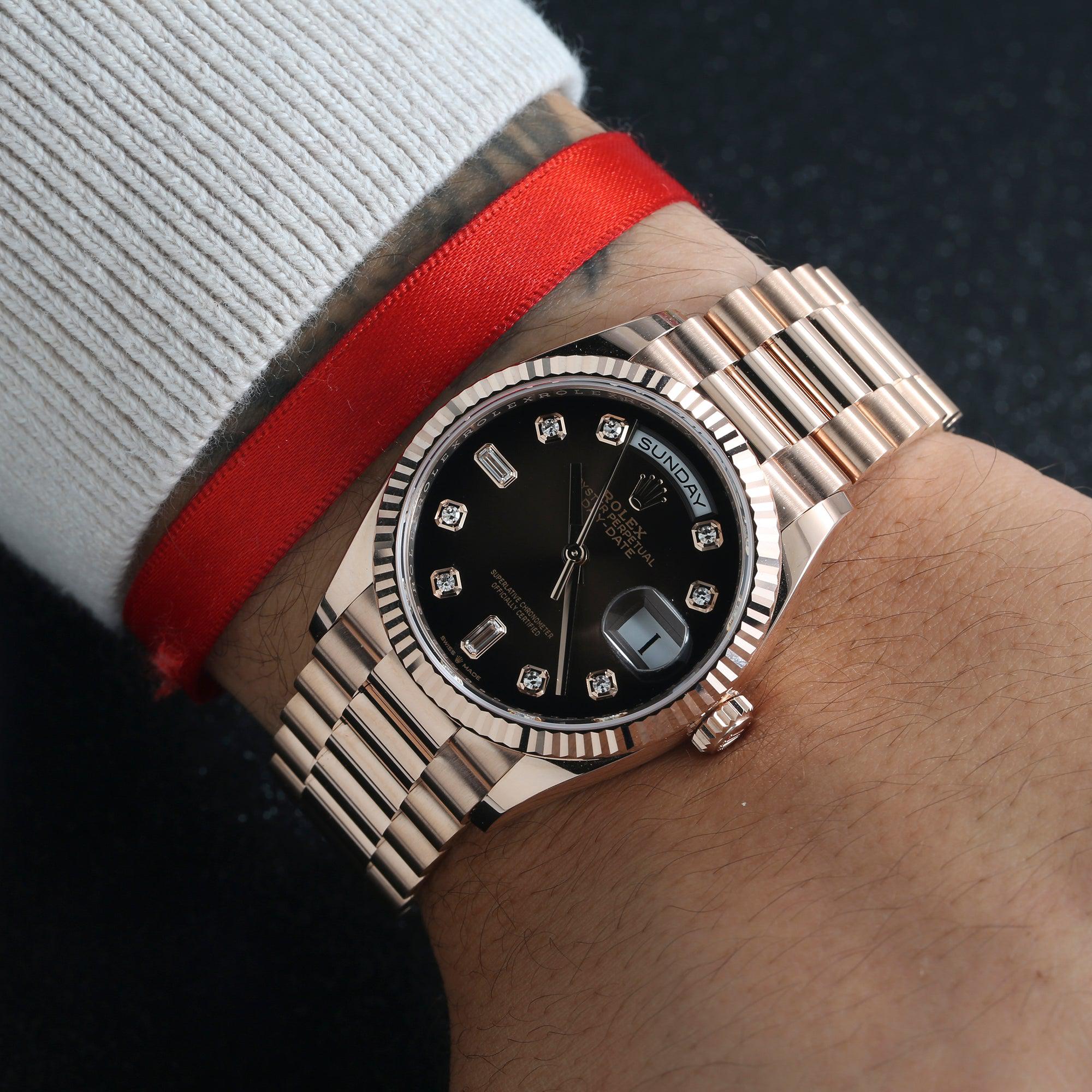 Rolex Day-Date 36MM 128235CHDP Chocolate Diamond Dial Fluted Bezel 18K Rose Gold President Bracelet