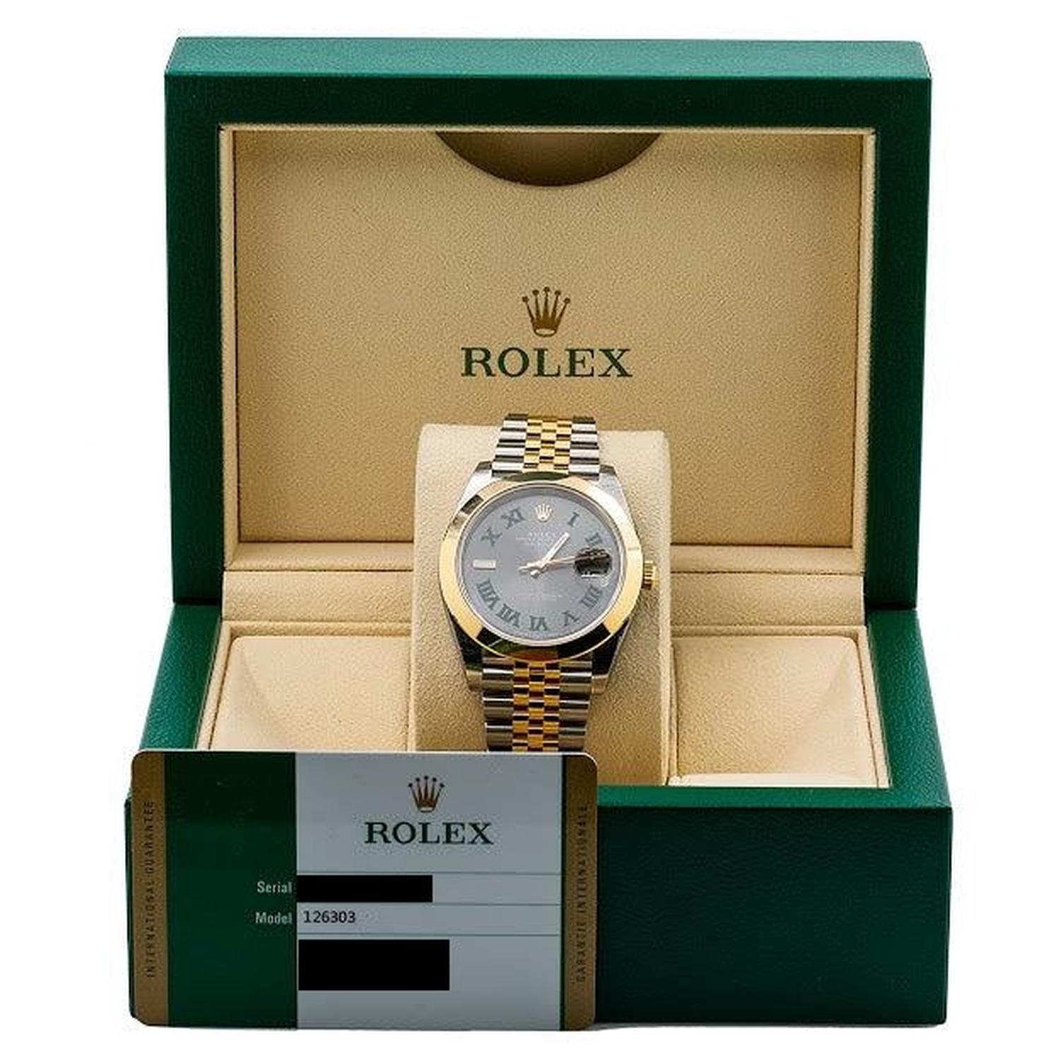 Rolex Datejust 41MM 126303 Wimbledon Slate Gray Roman Dial Smooth Bezel Two Tone Yellow Gold Jubilee Bracelet