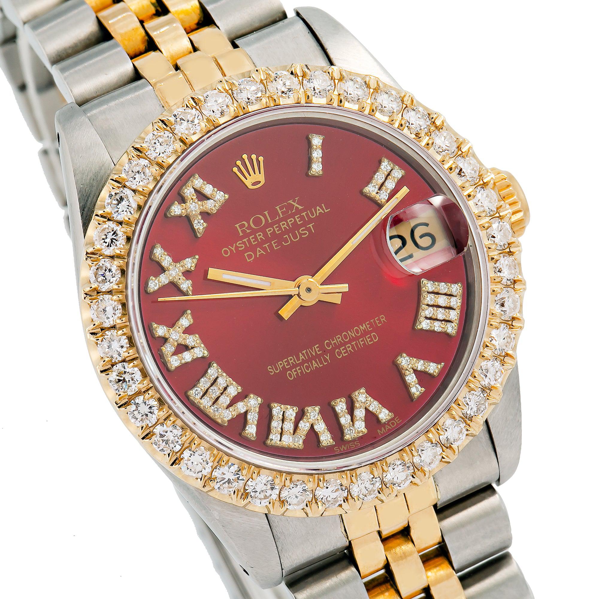 Rolex Datejust 31MM 6824 Red Roman Diamond Dial Diamond Bezel Two Tone Yellow Gold Jubilee Bracelet