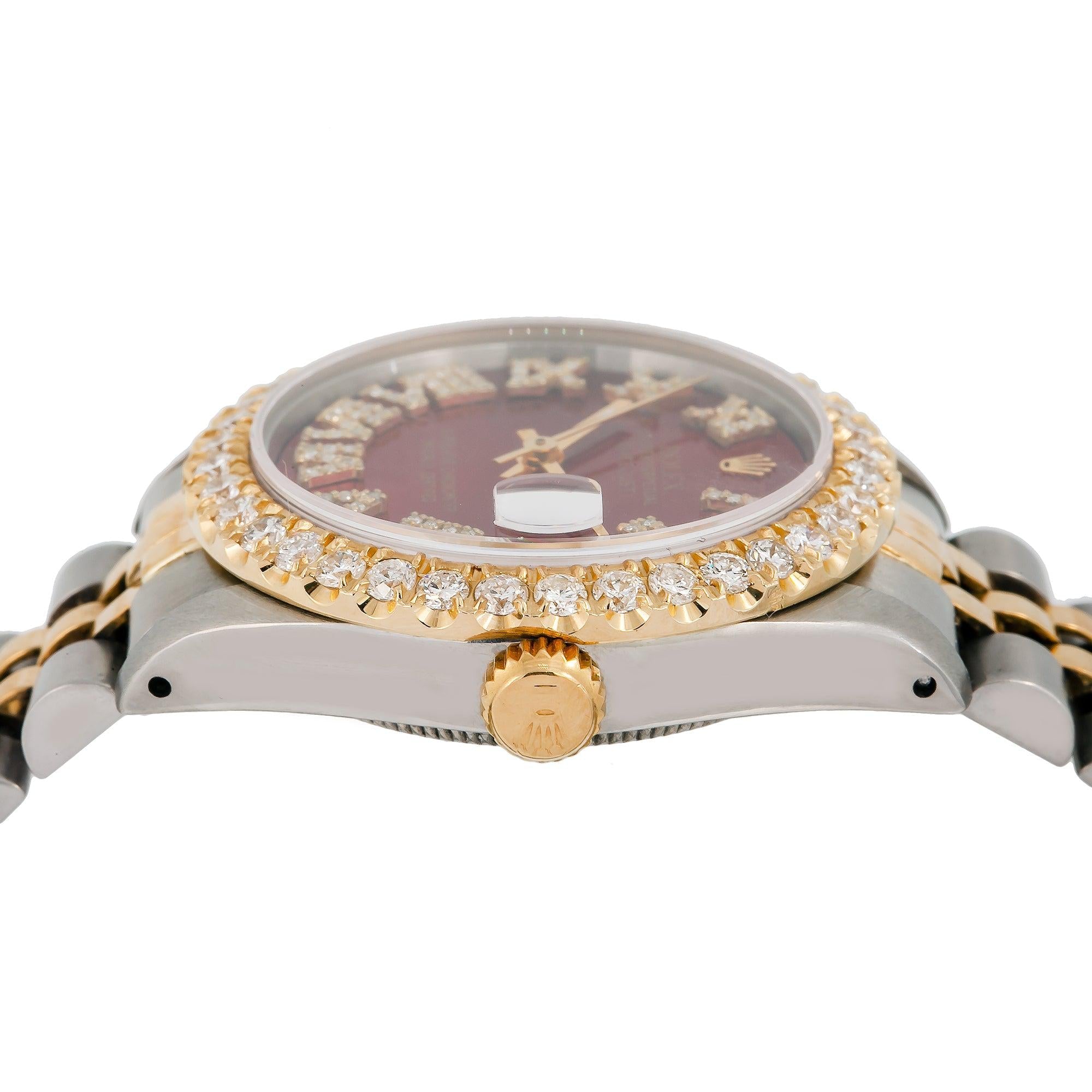 Rolex Datejust 31MM 6824 Red Roman Diamond Dial Diamond Bezel Two Tone Yellow Gold Jubilee Bracelet
