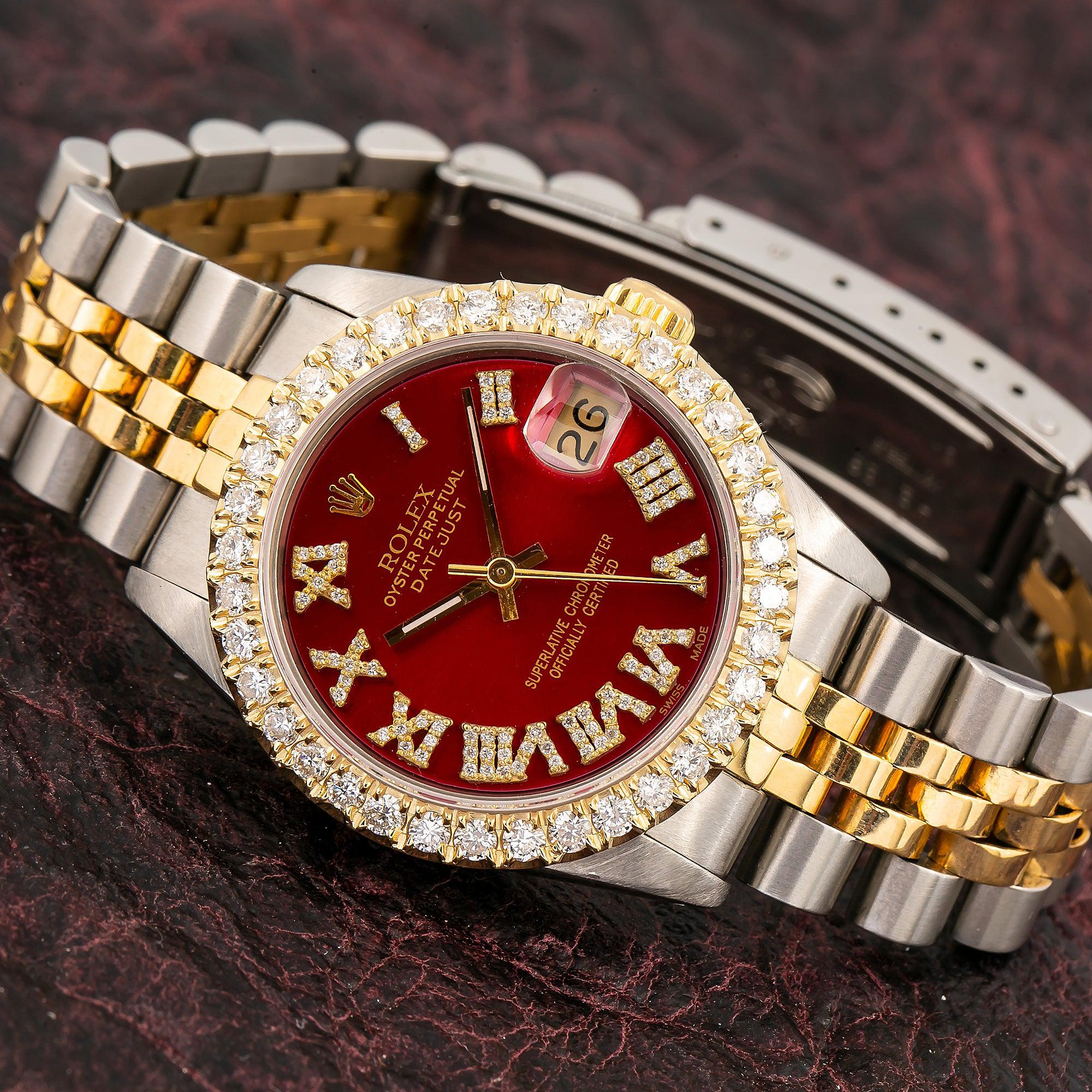 Rolex Datejust 31MM 6824 Red Roman Diamond Dial Diamond Bezel Two Tone Yellow Gold Jubilee Bracelet