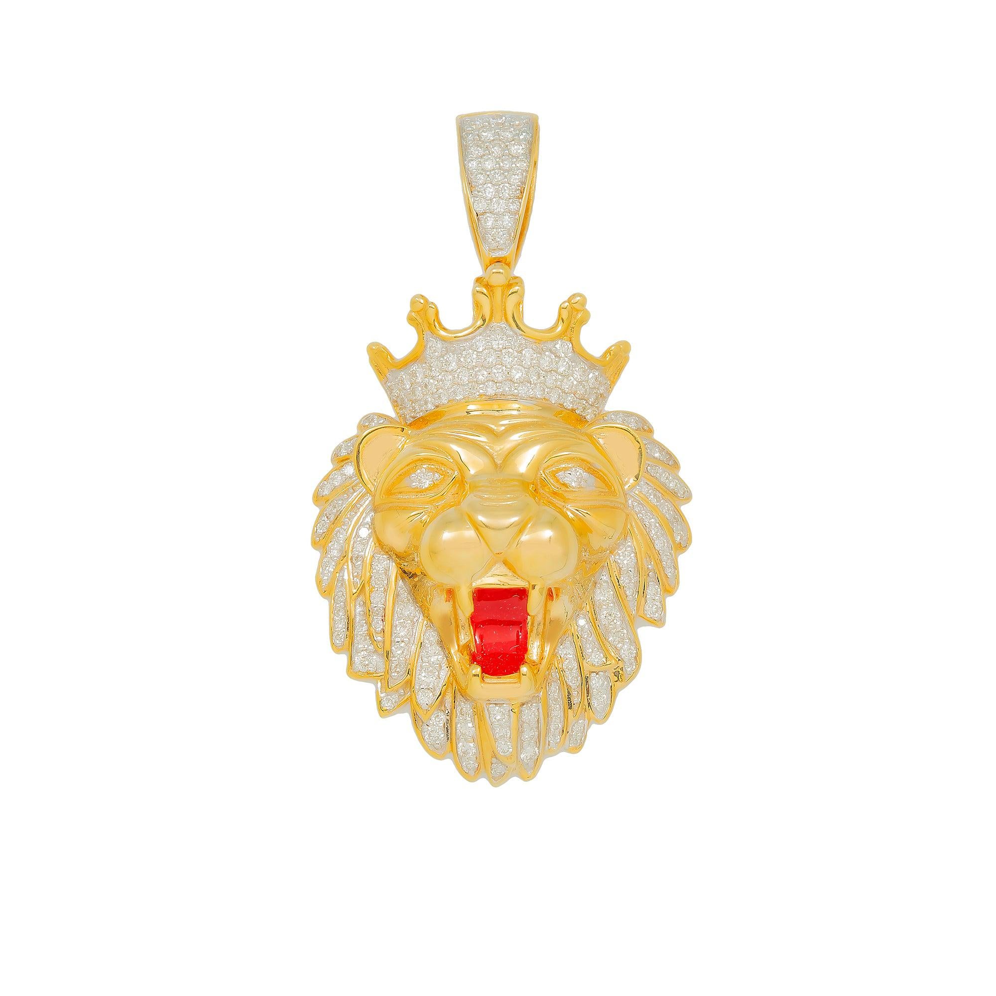10K GOLD DIAMOND LION HEAD WITH RED TONGUE PENDANT 0.85 CT