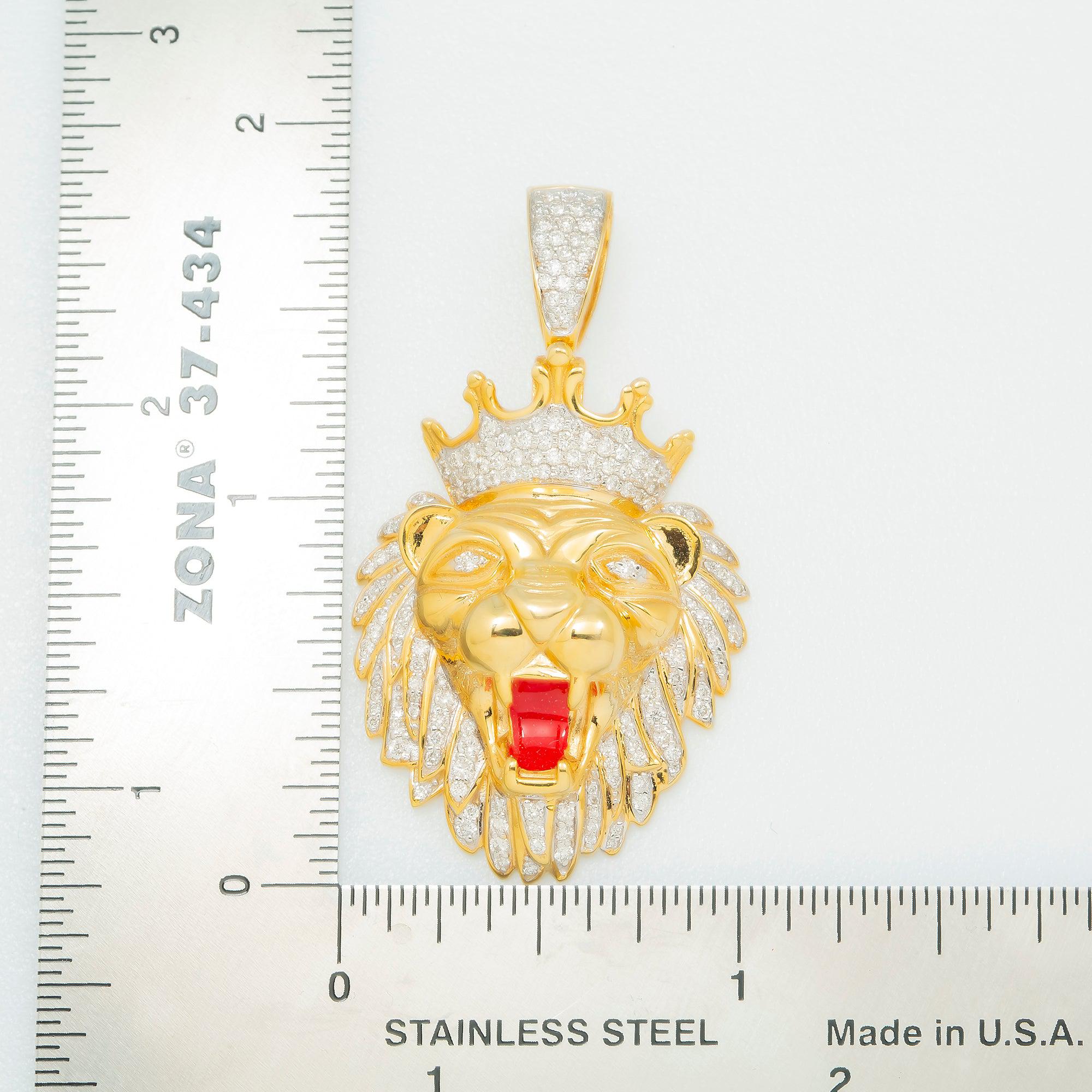 10K GOLD DIAMOND LION HEAD WITH RED TONGUE PENDANT 0.85 CT