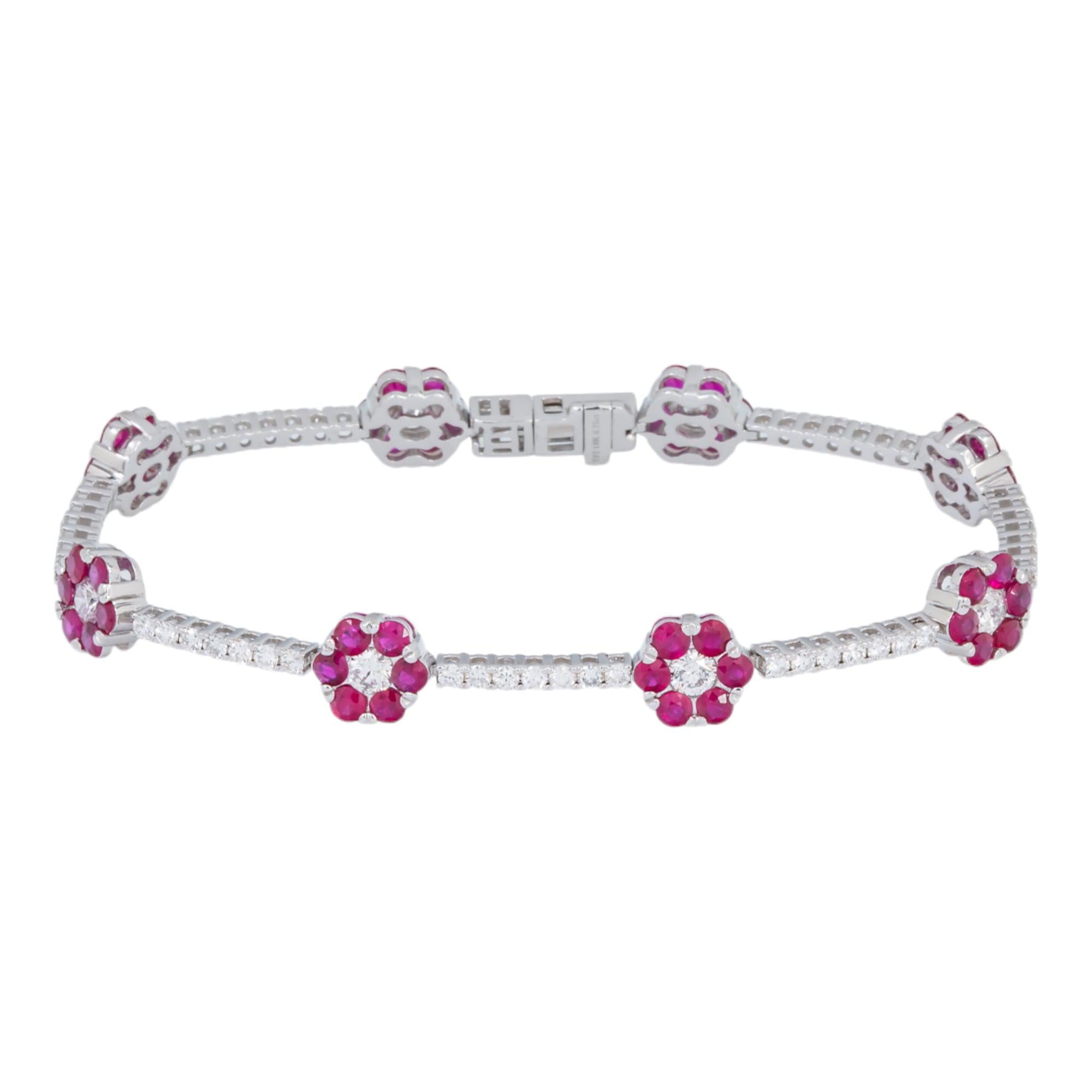 18K GOLD ROUND DIAMOND AND RUBY GEMSTONE FLOWER TENNIS BRACELET 7.15 CTW
