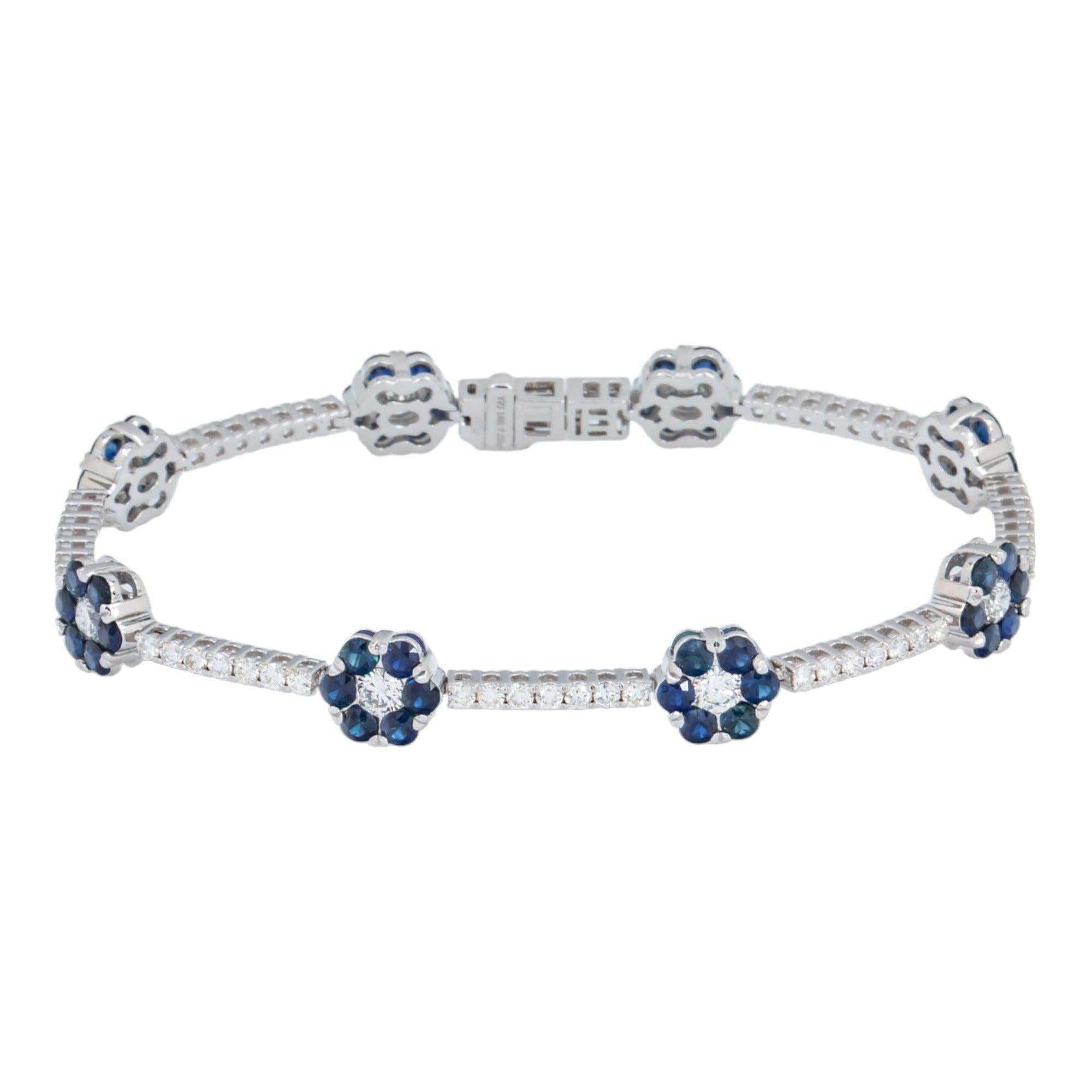 18K GOLD ROUND DIAMOND AND BLUE SAPPHIRE GEMSTONE FLOWER TENNIS BRACELET 8.03 CTW