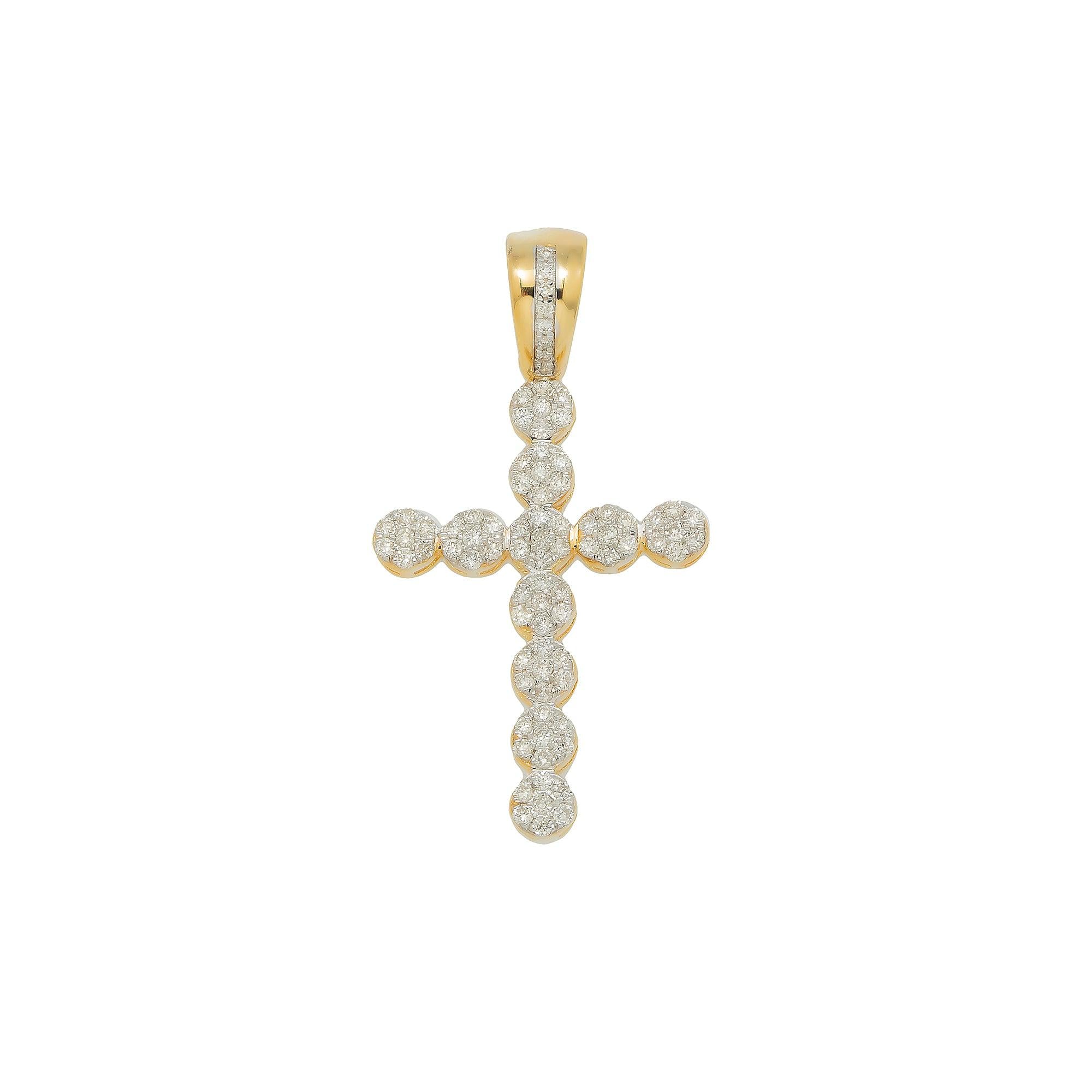 14K GOLD ROUND DIAMOND CLUSTER CROSS PENDANT 0.50 CT