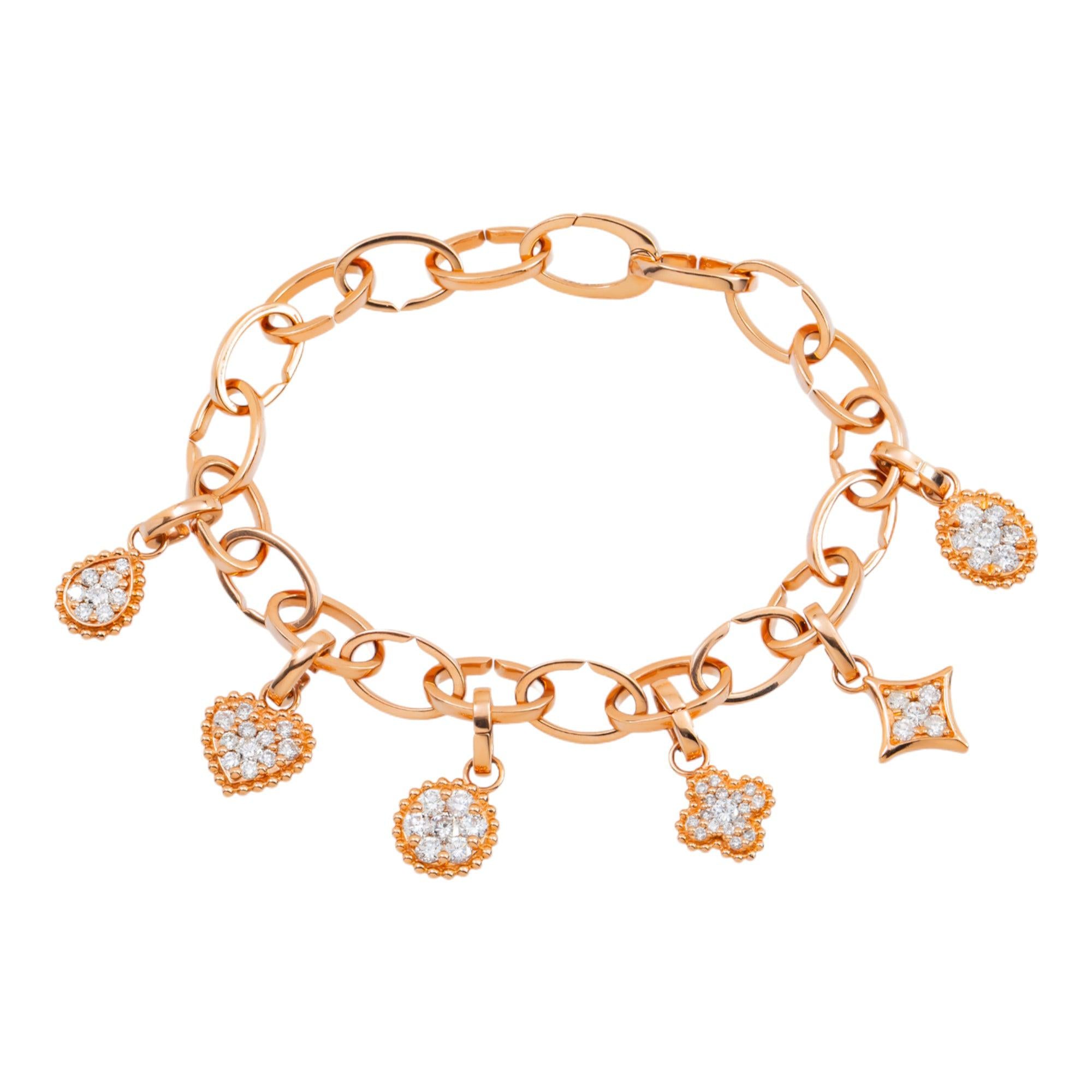 18K GOLD ROUND DIAMOND HEART CLOVER SHAPES CHARM BRACELET 1.88 CT