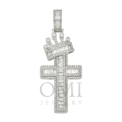 14K GOLD BAGUETTE DIAMOND CROSS WITH CROWN PENDANT 4.00 CT