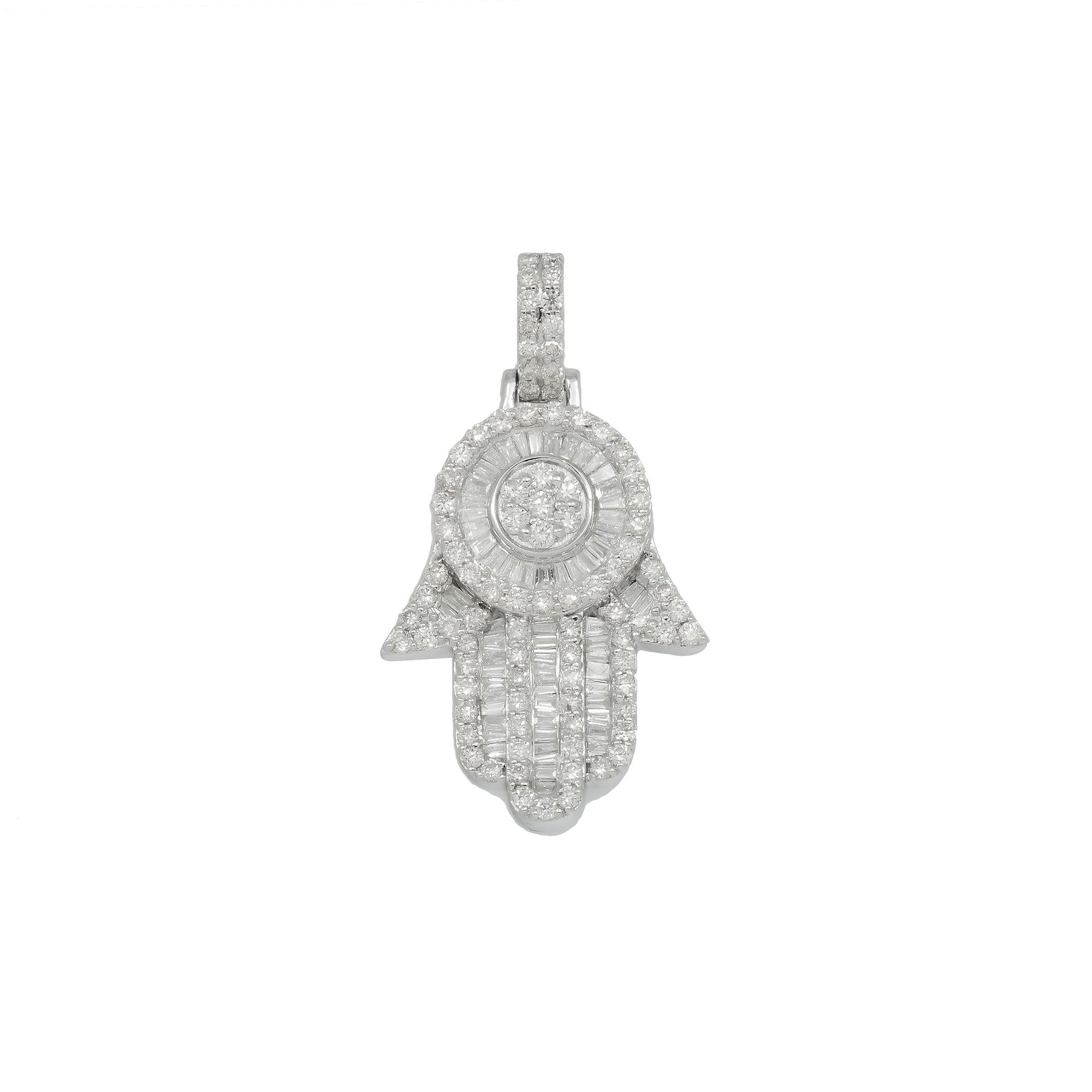 14K GOLD BAGUETTE DIAMOND ROUND CLUSTER HAMSA PENDANT 1.15 CT