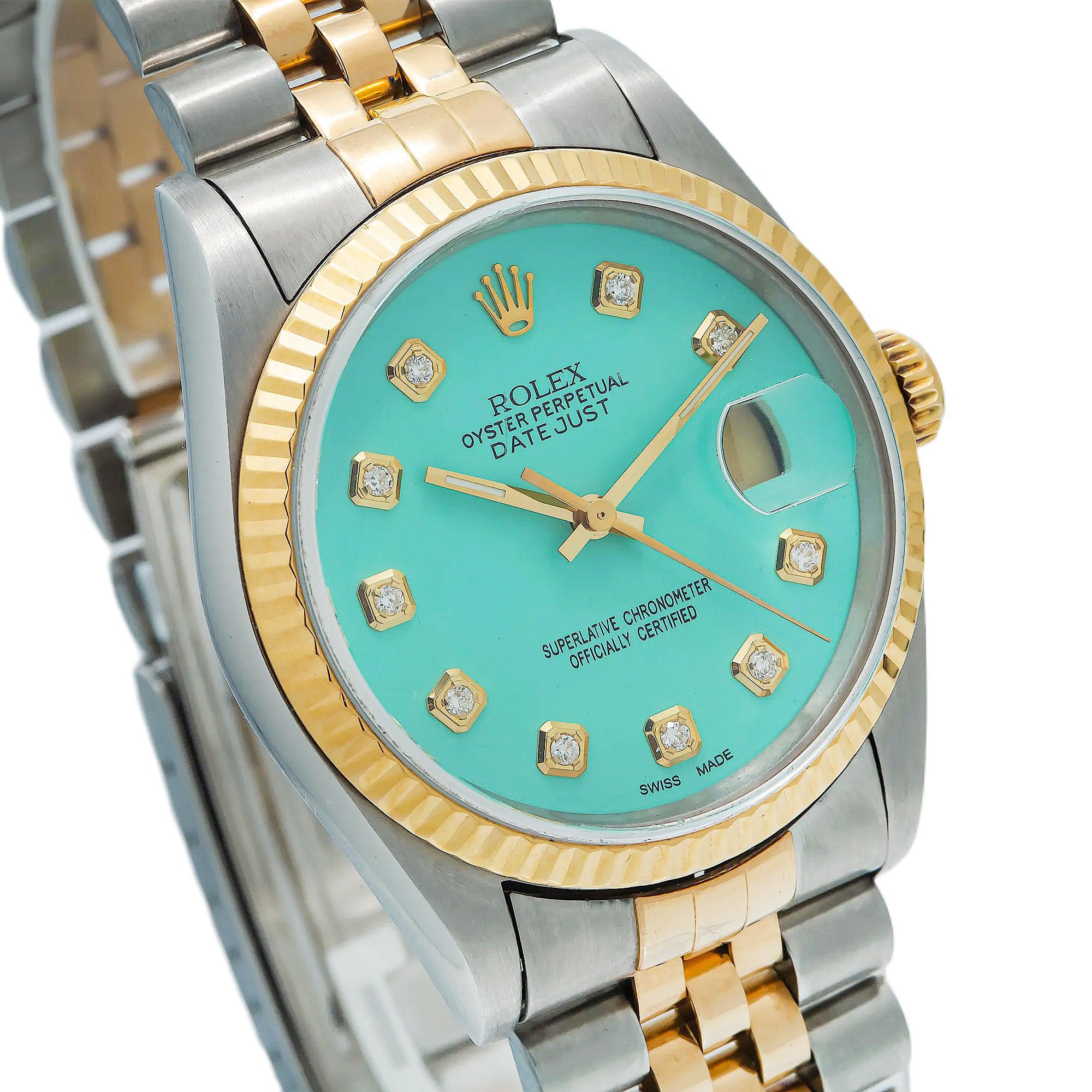 Rolex Datejust 36MM 16013 Turquoise Diamond Dial Fluted Bezel Two Tone Yellow Gold Jubilee Bracelet