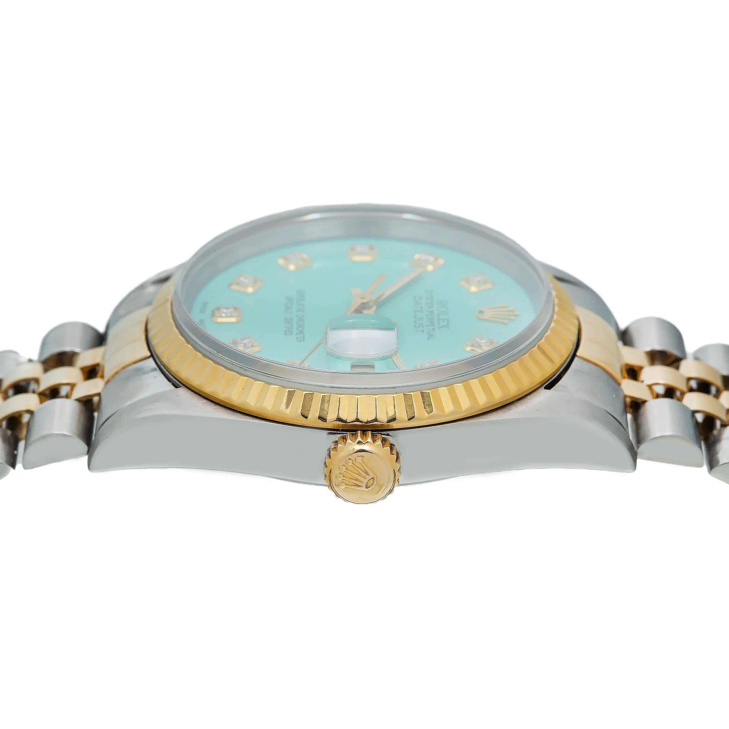 Rolex Datejust 36MM 16013 Turquoise Diamond Dial Fluted Bezel Two Tone Yellow Gold Jubilee Bracelet