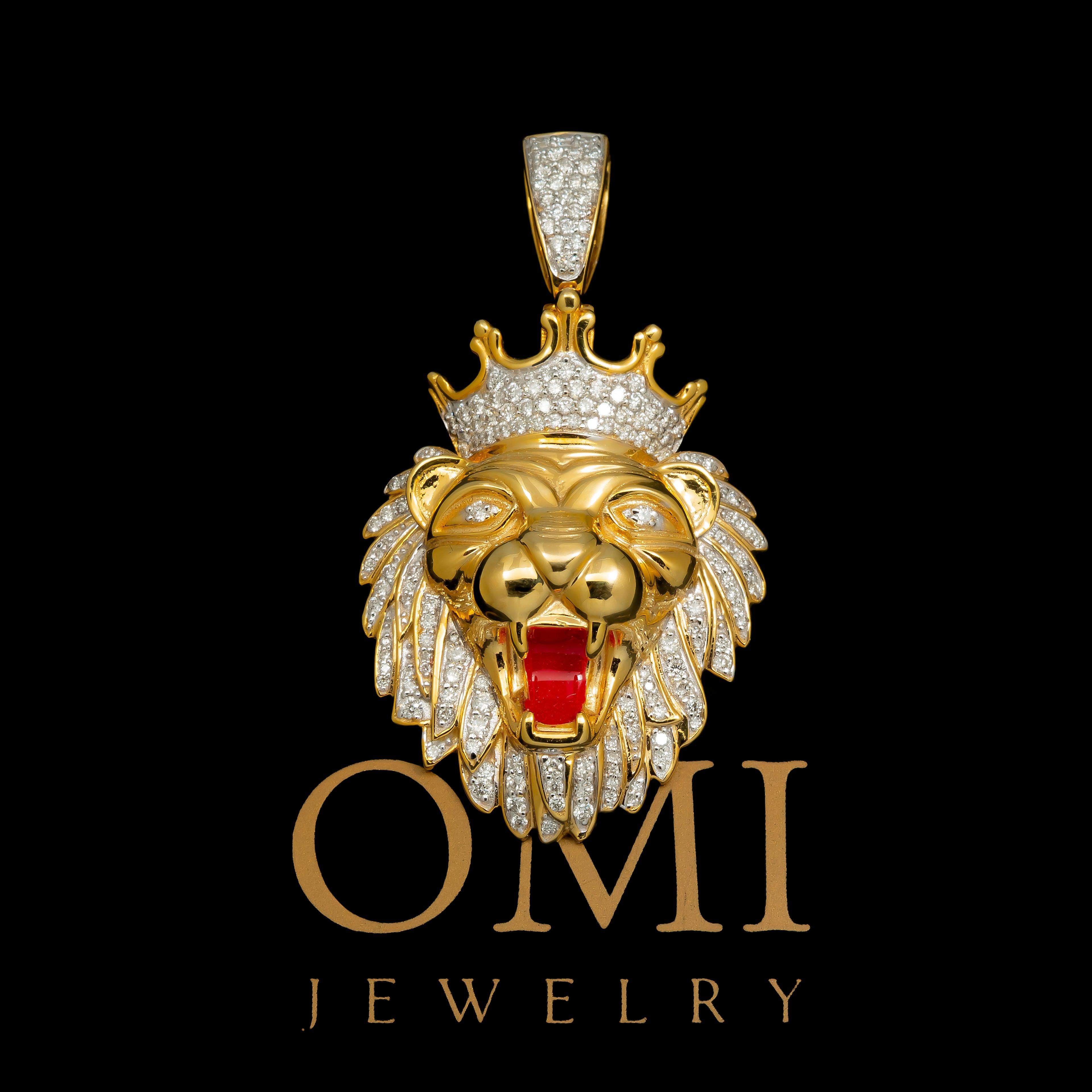 10K GOLD DIAMOND LION HEAD WITH RED TONGUE PENDANT 0.85 CT