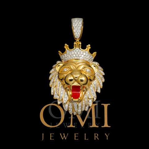 10K GOLD DIAMOND LION HEAD WITH RED TONGUE PENDANT 0.85 CT