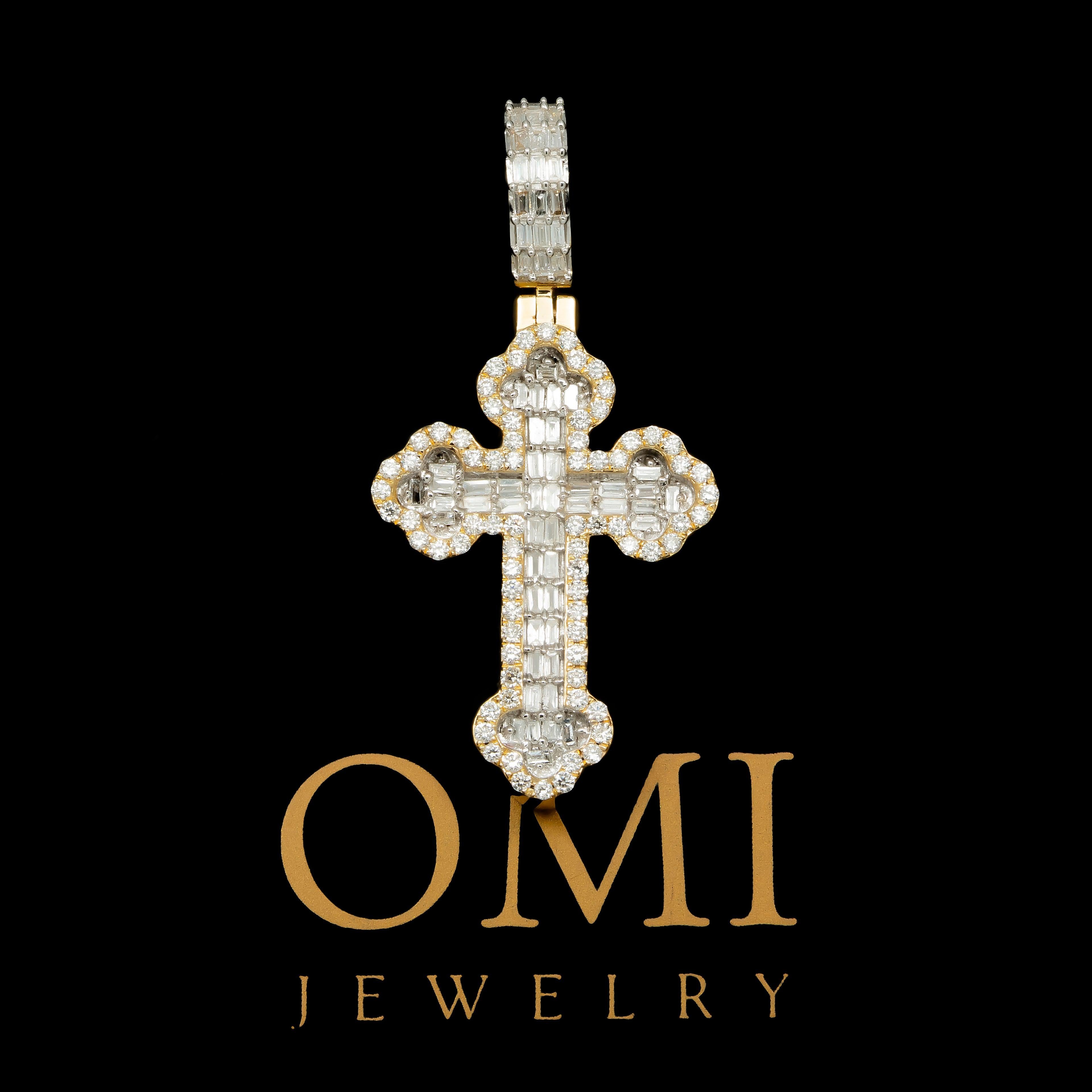 14K GOLD BAGUETTE DIAMOND INVERTED FLEUR DE LIS CROSS PENDANT 1.25 CT