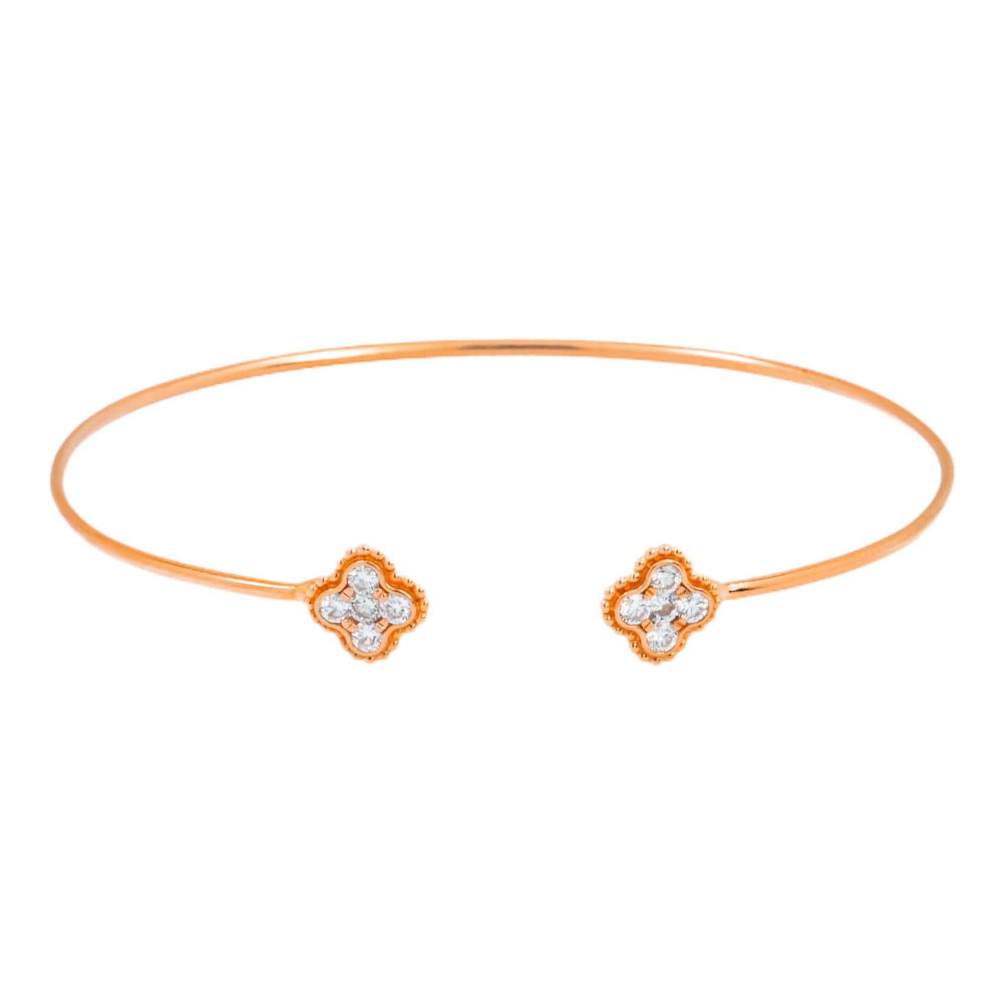 18K GOLD ROUND DIAMONDS CLOVER SHAPE THIN BANGLE BRACELET 0.38 CT