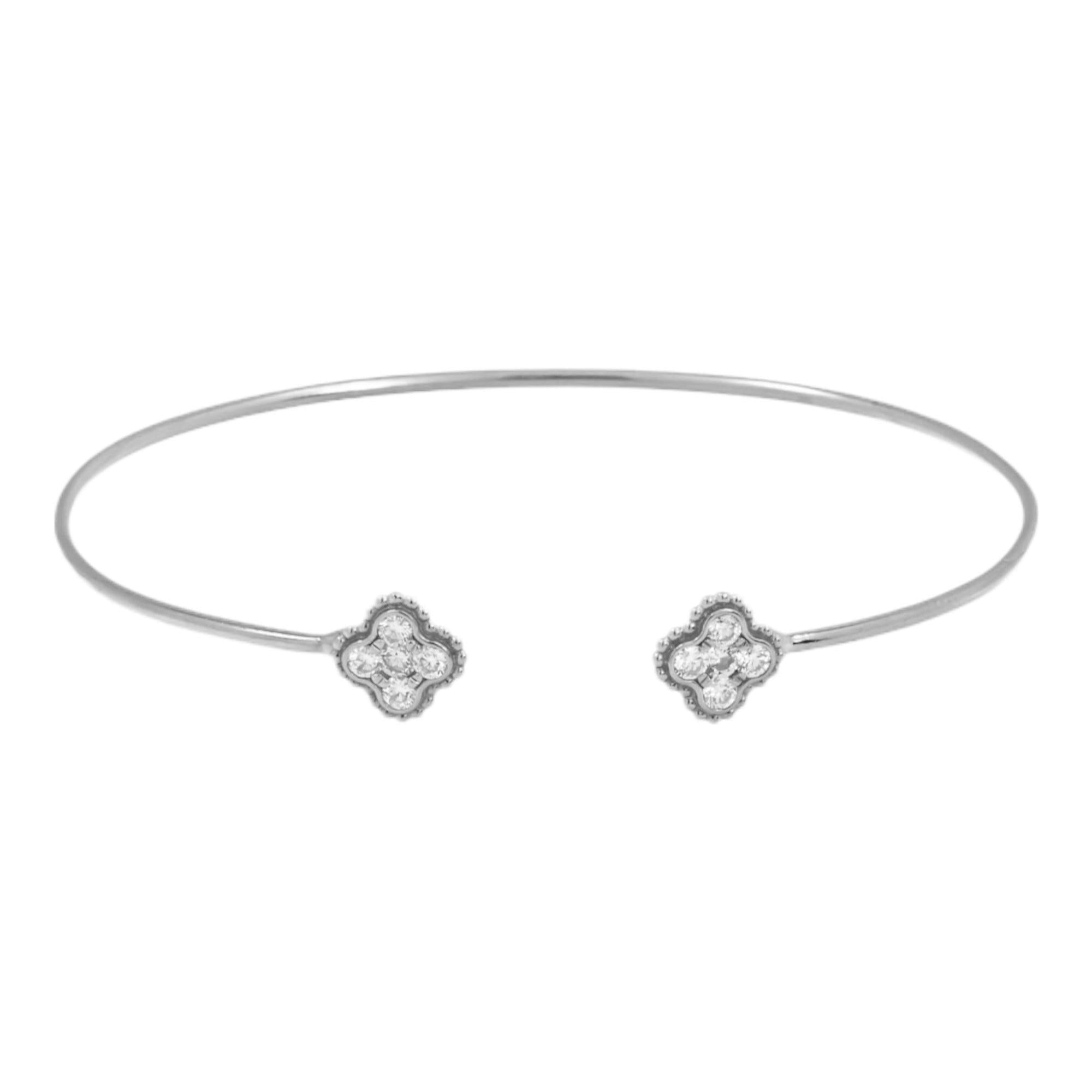 18K GOLD ROUND DIAMONDS CLOVER SHAPE THIN BANGLE BRACELET 0.38 CT