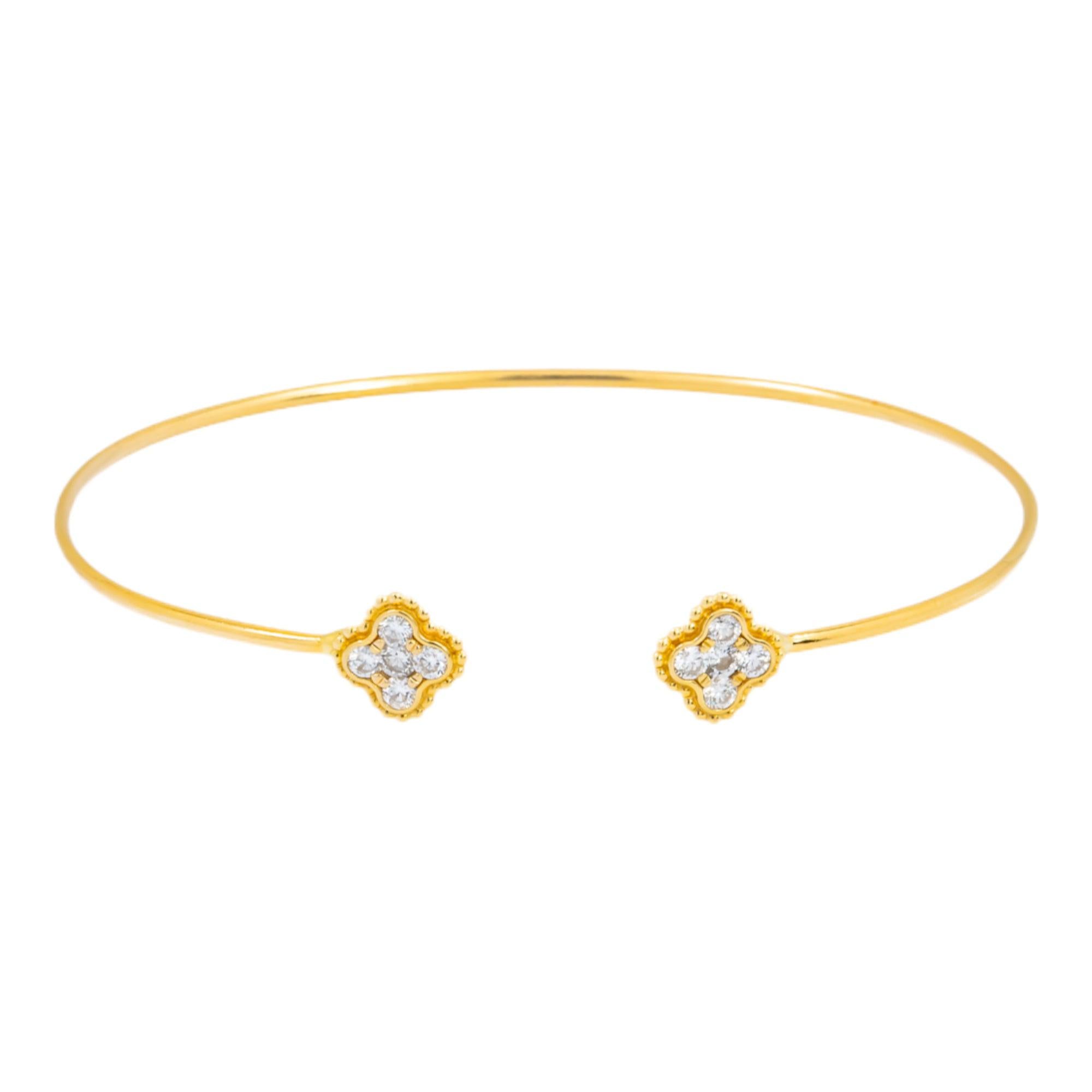 18K GOLD ROUND DIAMONDS CLOVER SHAPE THIN BANGLE BRACELET 0.38 CT