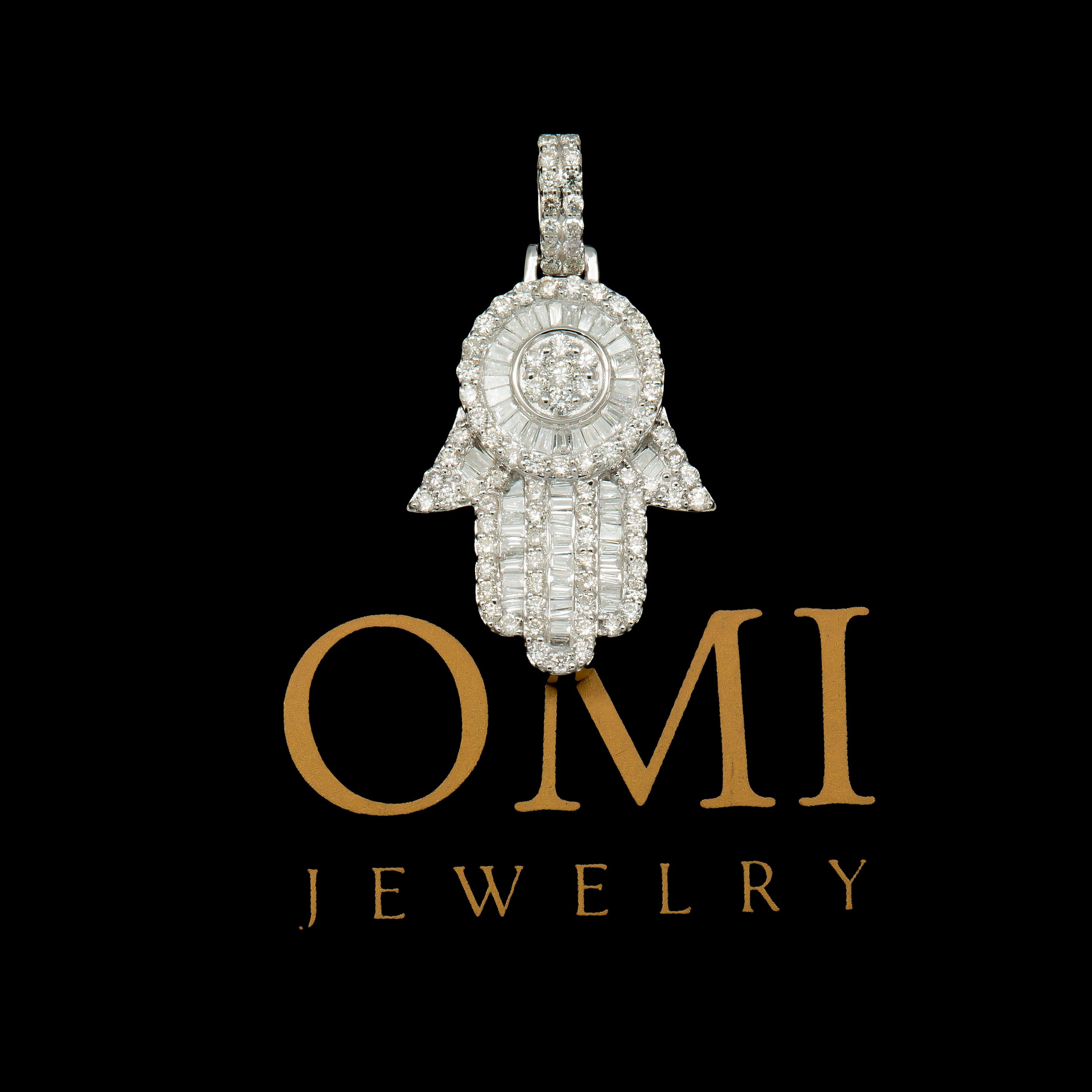 14K GOLD BAGUETTE DIAMOND ROUND CLUSTER HAMSA PENDANT 1.15 CT
