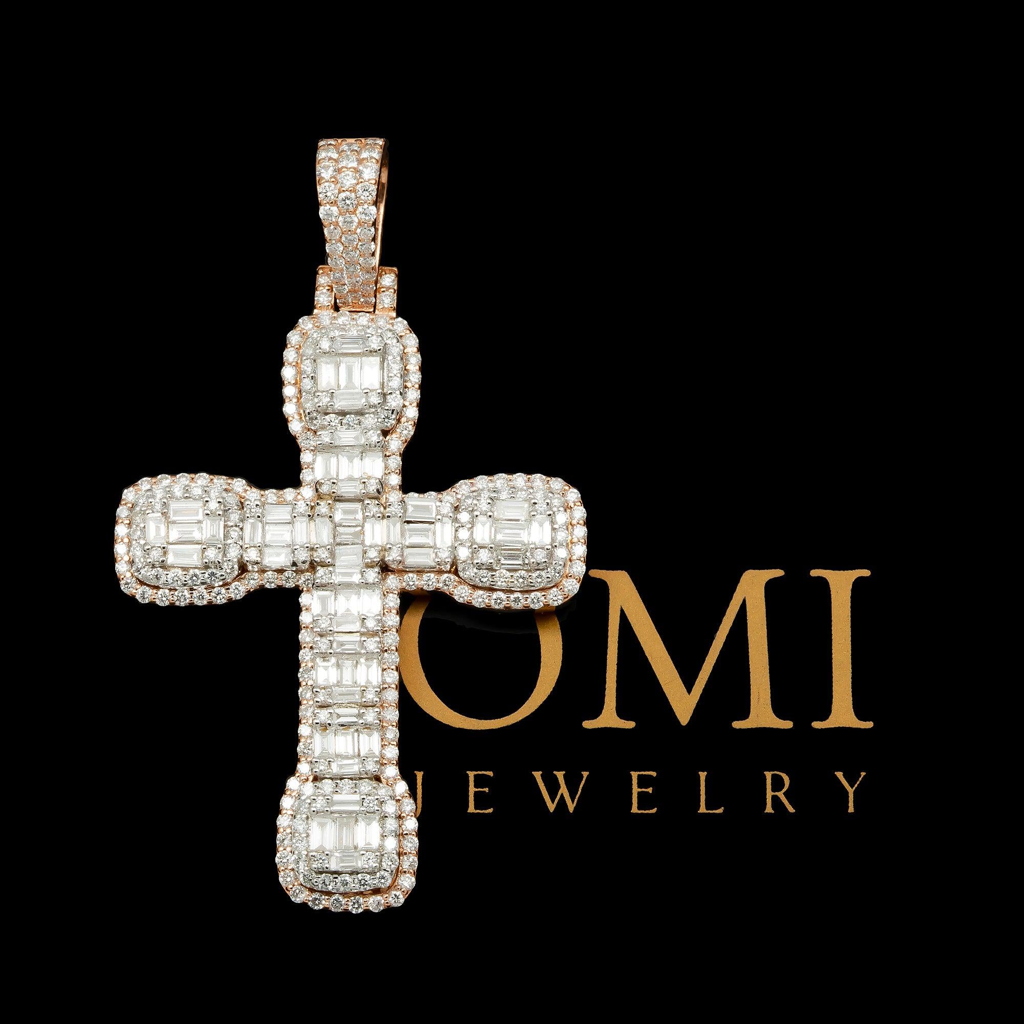 14K GOLD BAGUETTE DIAMOND CLUSTER TWO TONE CROSS PENDANT 3.00 CT