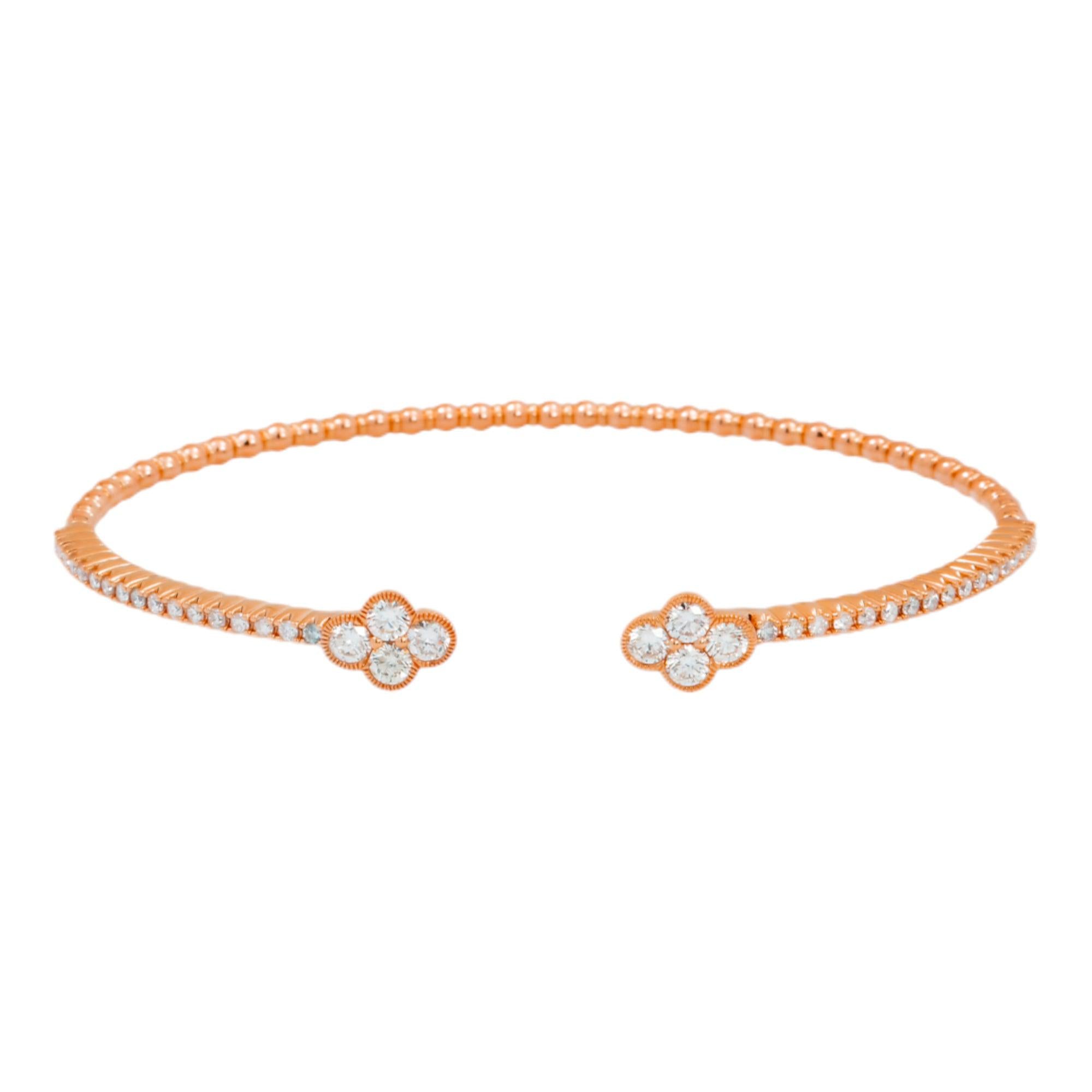 18K GOLD ROUND DIAMONDS CLOVER SHAPE THIN BANGLE BRACELET 1.05 CT