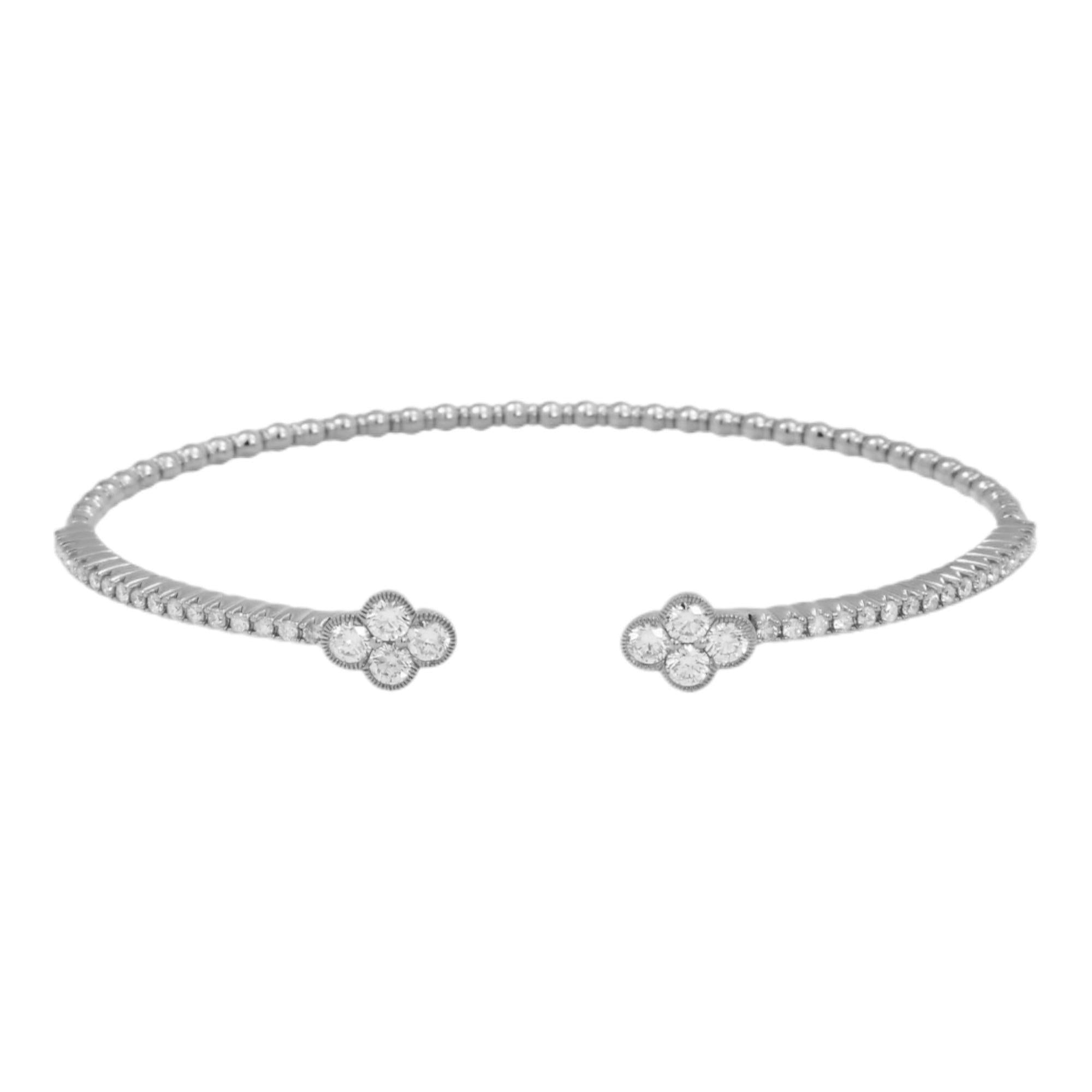 18K GOLD ROUND DIAMONDS CLOVER SHAPE THIN BANGLE BRACELET 1.05 CT