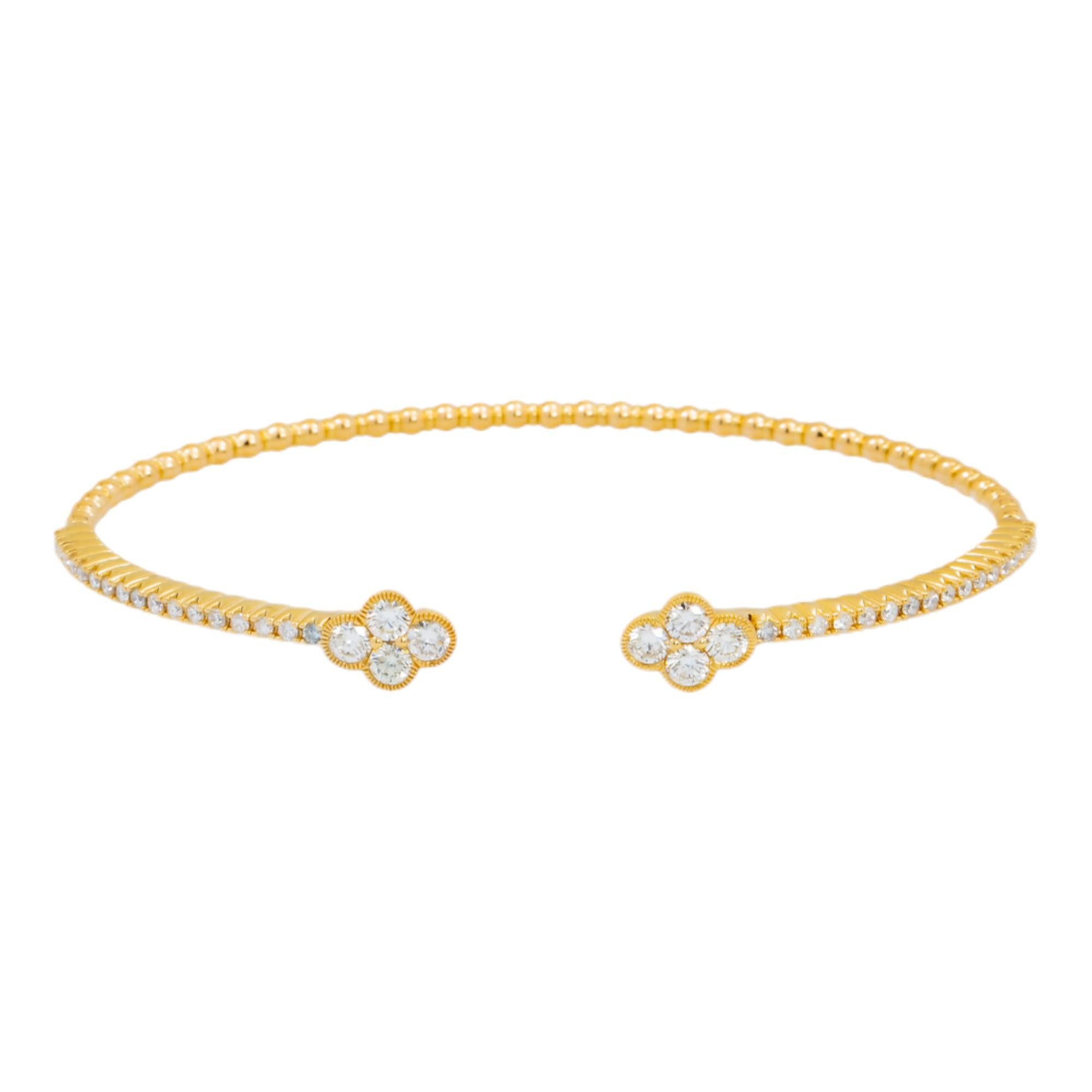 18K GOLD ROUND DIAMONDS CLOVER SHAPE THIN BANGLE BRACELET 1.05 CT