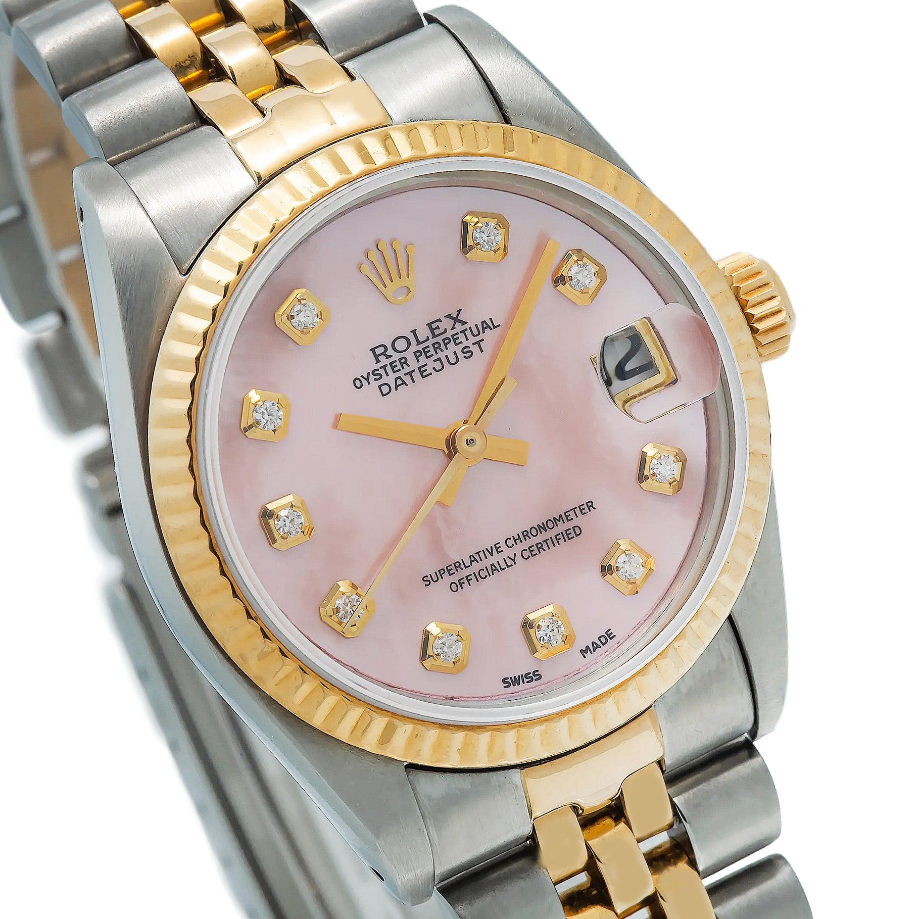 Rolex Datejust 31MM 6824 Pink Mother of Pearl Diamond Dial Fluted Bezel Two Tone Yellow Gold Jubilee Bracelet